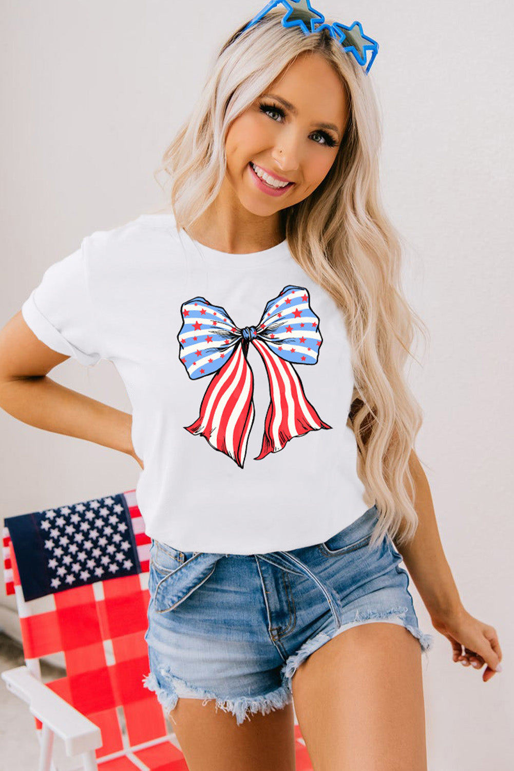 Khaki American Flag Bow Knot Print Round Neck T Shirt