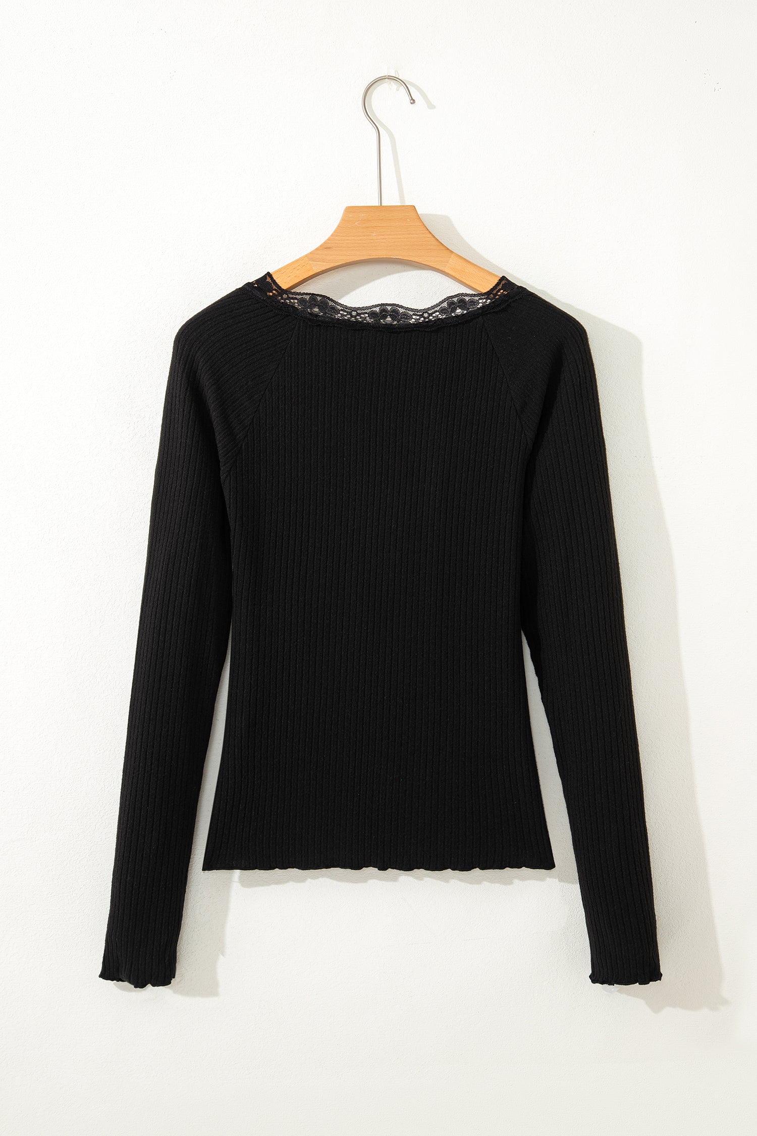 Beige Lace Neckline Button Decor Lettuce Edge Long Sleeve Ribbed Top