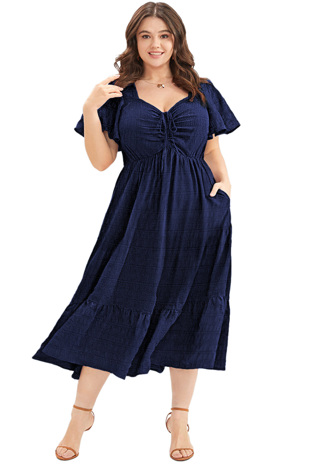 Red Plus Size Short Sleeve Lace-up High Waist Midi Dress