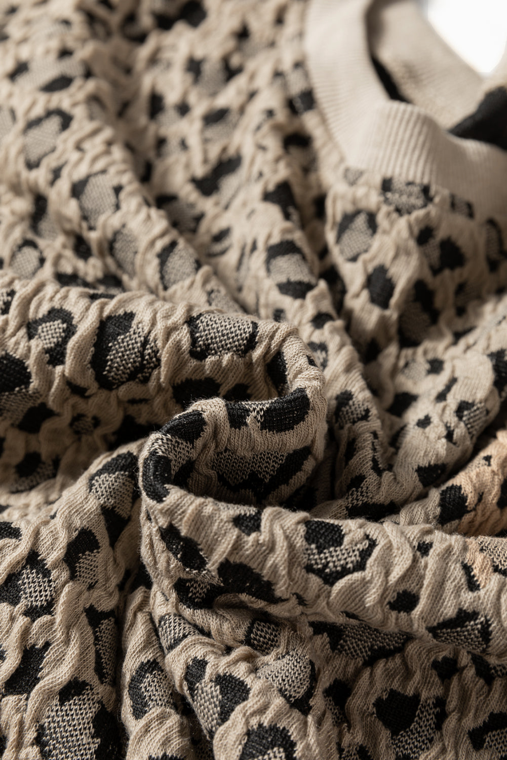 Khaki Leopard Textured Ribbed Trim Plus Size Long Sleeve Top
