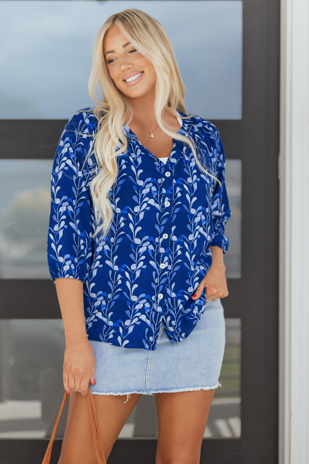 Blue Botanical Print Bracelet Sleeve Notched Neck Blouse