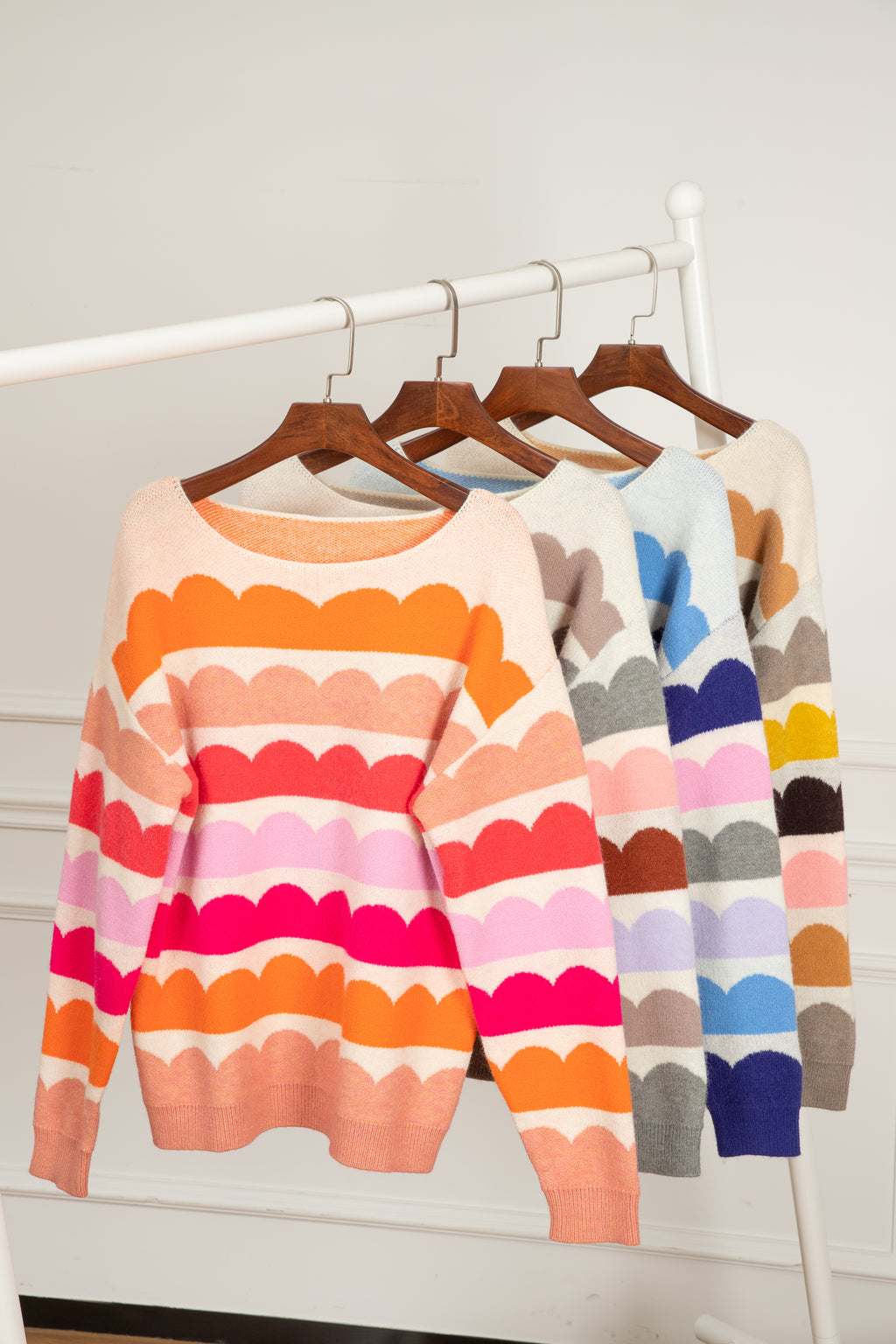 Rose Red Wave Striped Balloon Sleeve Drop Shoulder Sweater