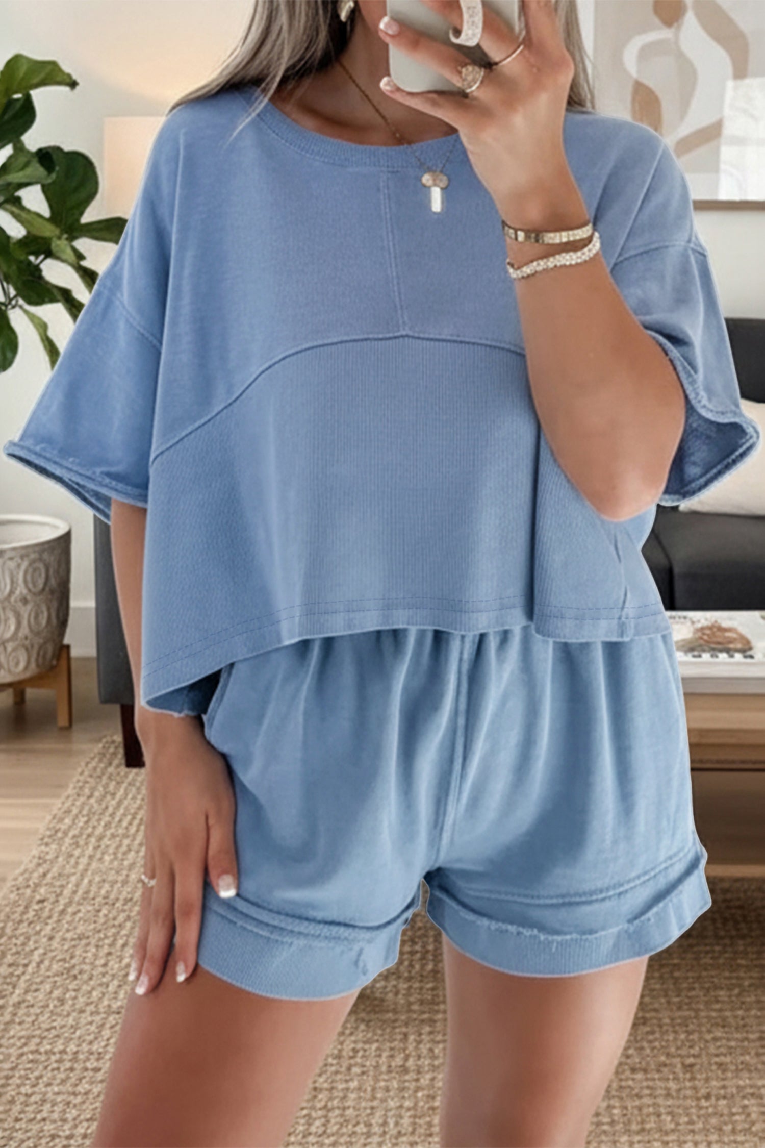 Mist Blue Solid Color Loose Tee Drawstring Wide Leg Pants 2pcs Outfit