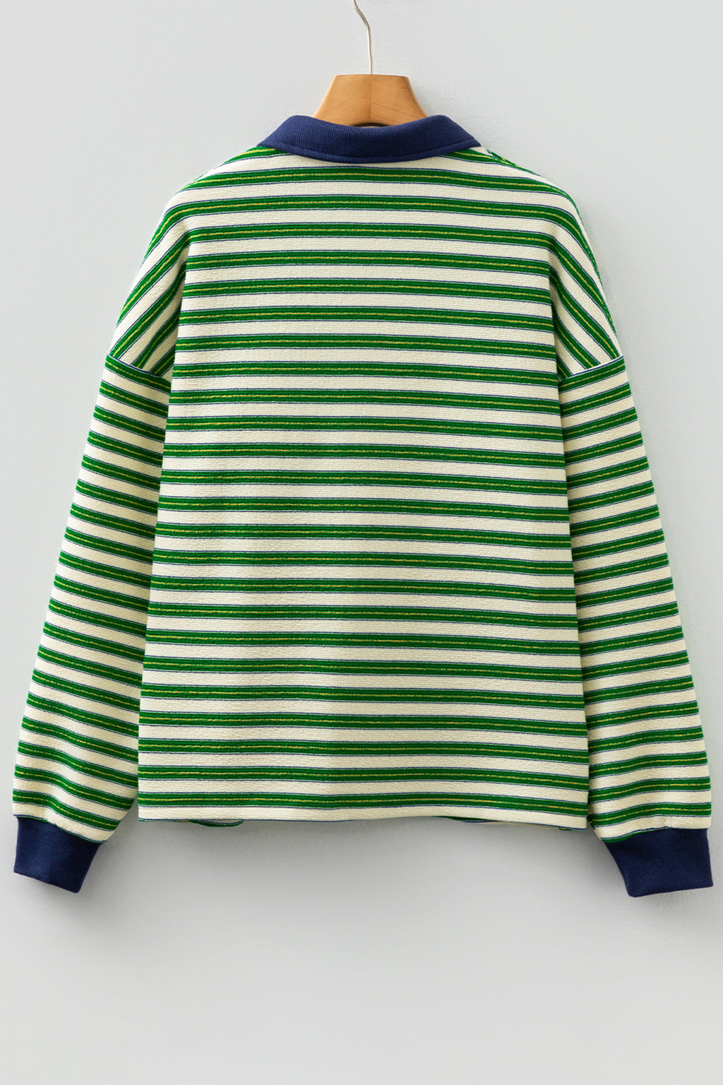 Navy Blue Striped Print Contrast Collar Zip V Neck Long Sleeve Top