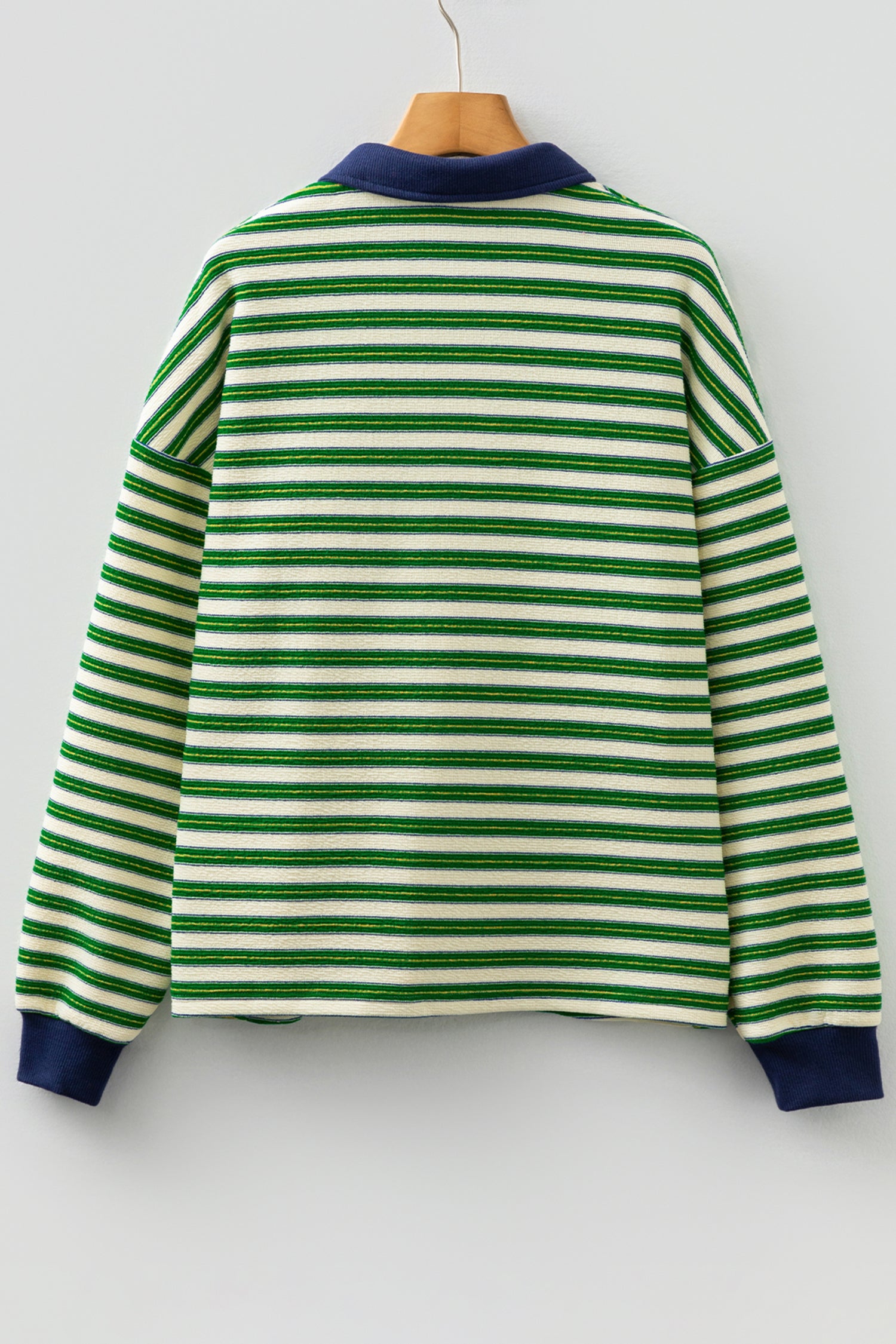 Navy Blue Striped Print Contrast Collar Zip V Neck Long Sleeve Top