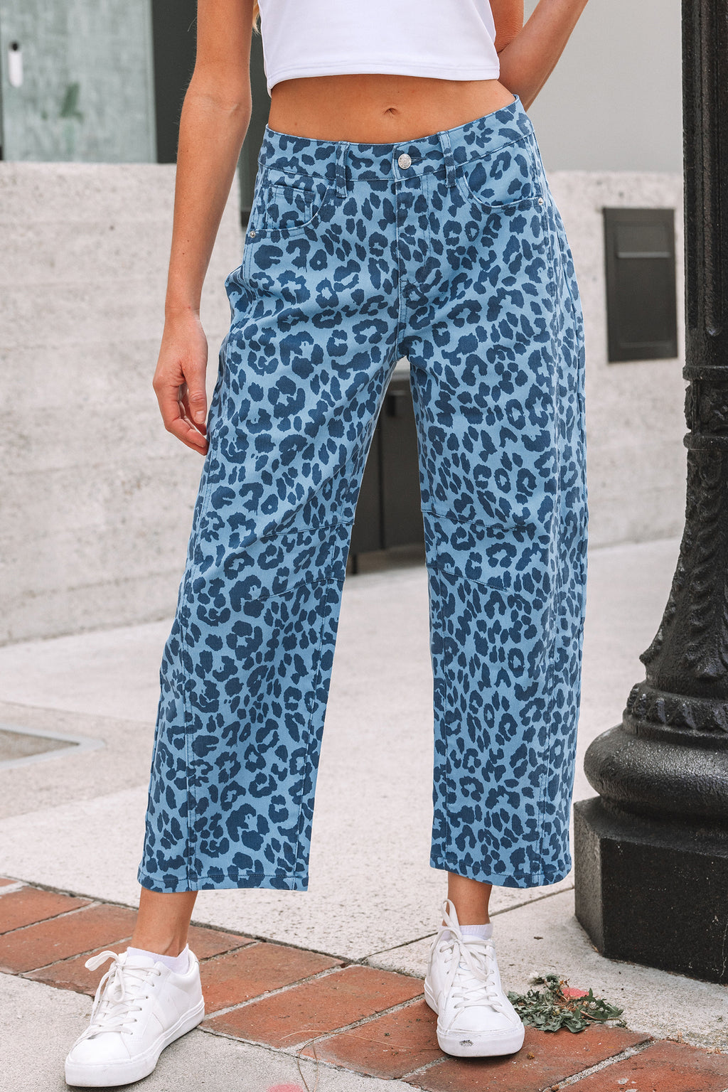 Khaki Leopard Print Straight Loose Jeans
