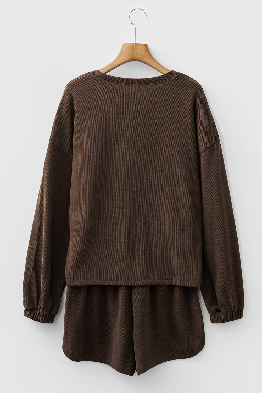 Jet Stream Solid Color Textured Knit Drop Shoulder Pullover Drawstring Shorts Set