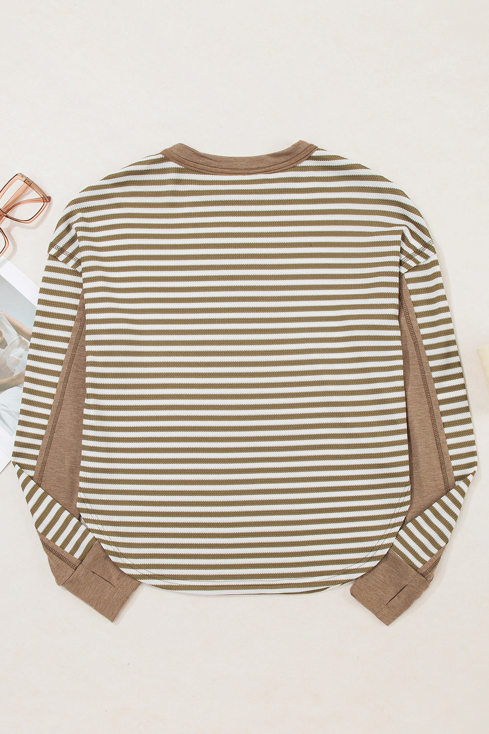 Dearlovers Green Stripe Thermal Knit Drop Shoulder Casual Top
