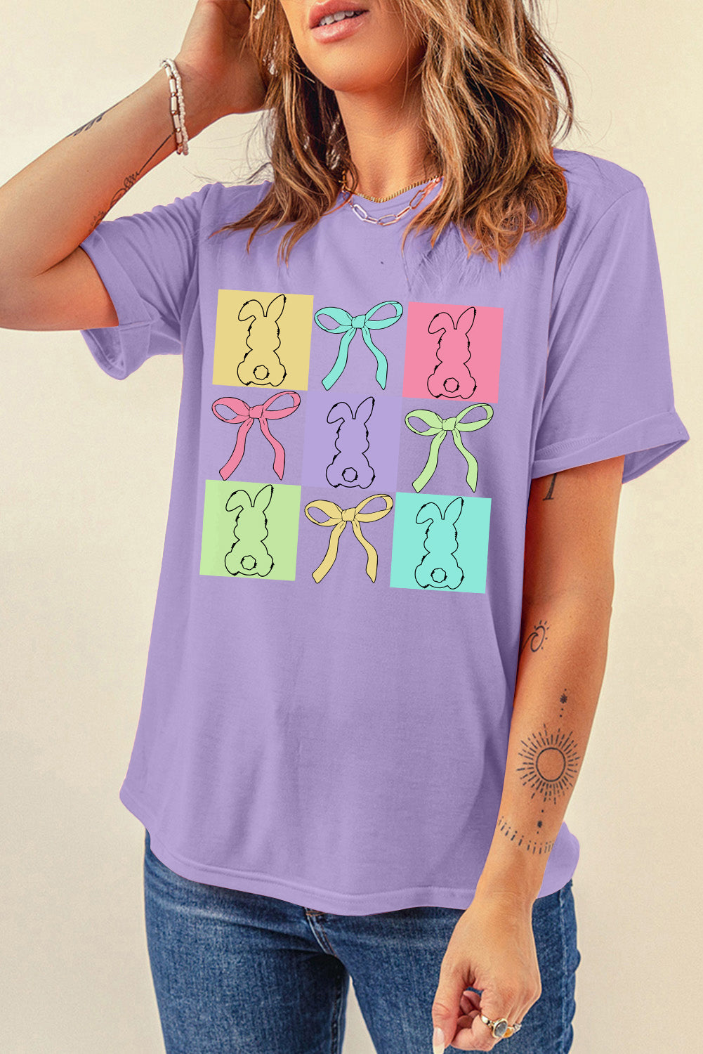 Wisteria Bunny Bow Plaid Print Easter Fashion Tee