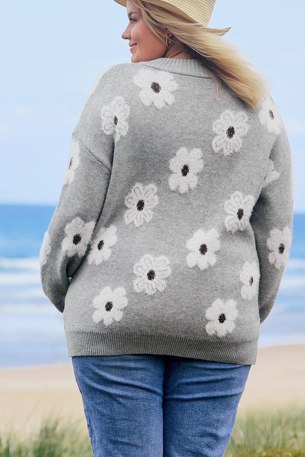 Khaki Floral Pattern Half Zip Drop Shoulder Sweater