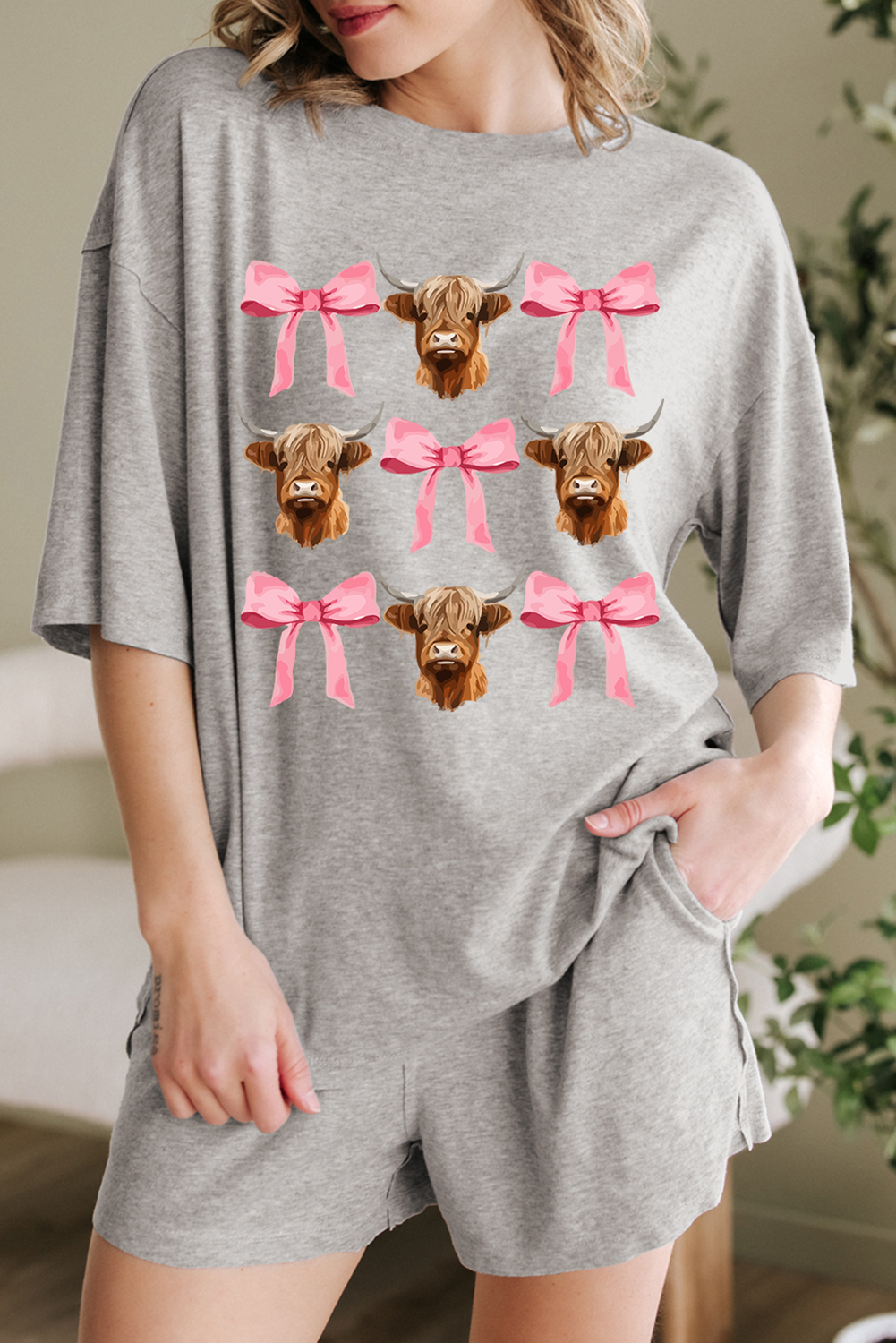 Gray Western Cow Head Bow Print Loose Fit Two Piece Shorts Set