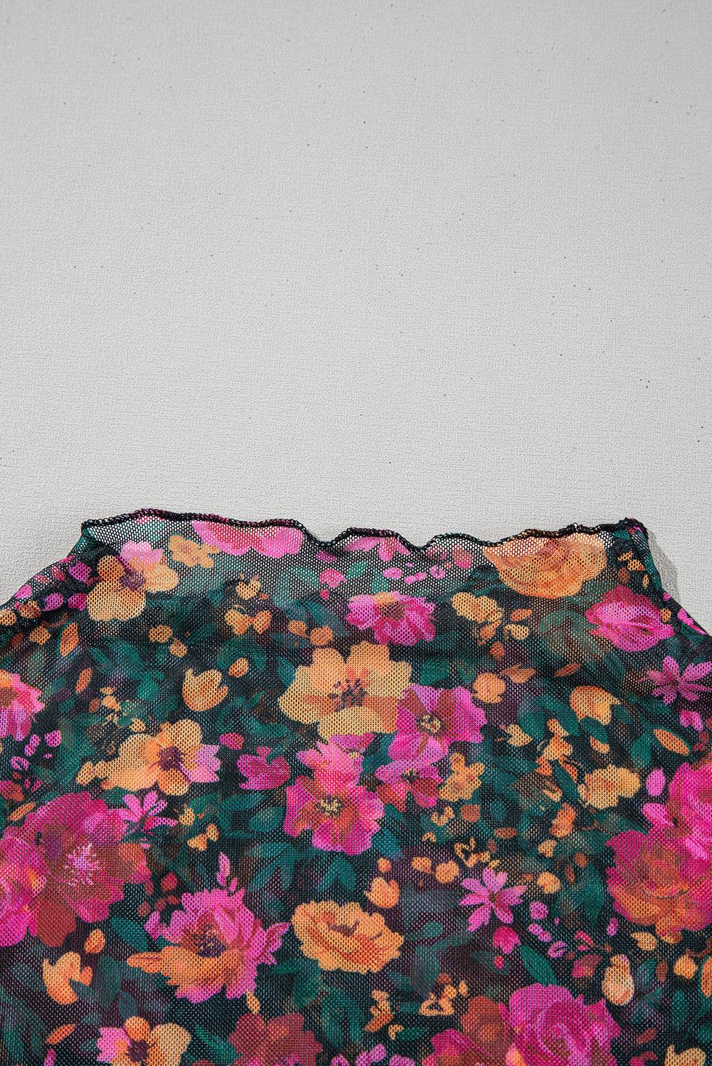 Rose Floral Print Mesh Stand Neck Short Sleeve Top