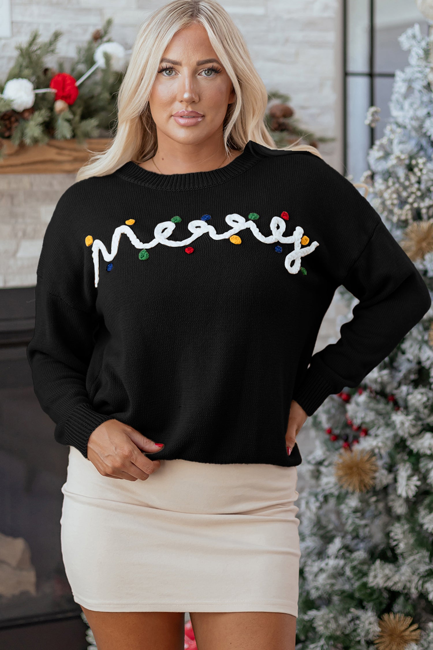 Smoke Gray Merry Colorful Dot Detail Christmas Drop Shoulder Sweater