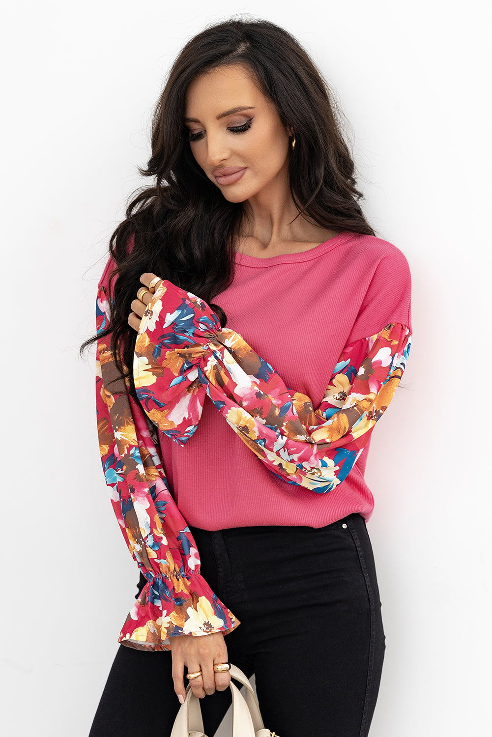 Bright Pink Floral Patchwork Flounce Sleeve Rib Knit Plus Top