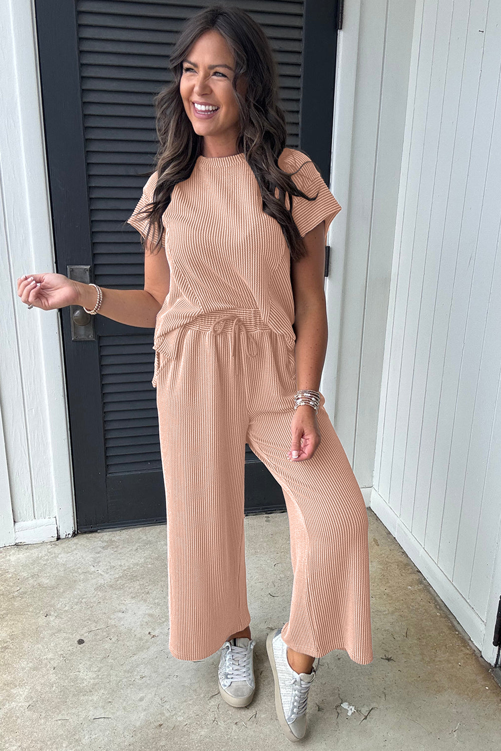Blue Solid Corded Knit Short Sleeve T Shirt and Wide Leg Pants Set
