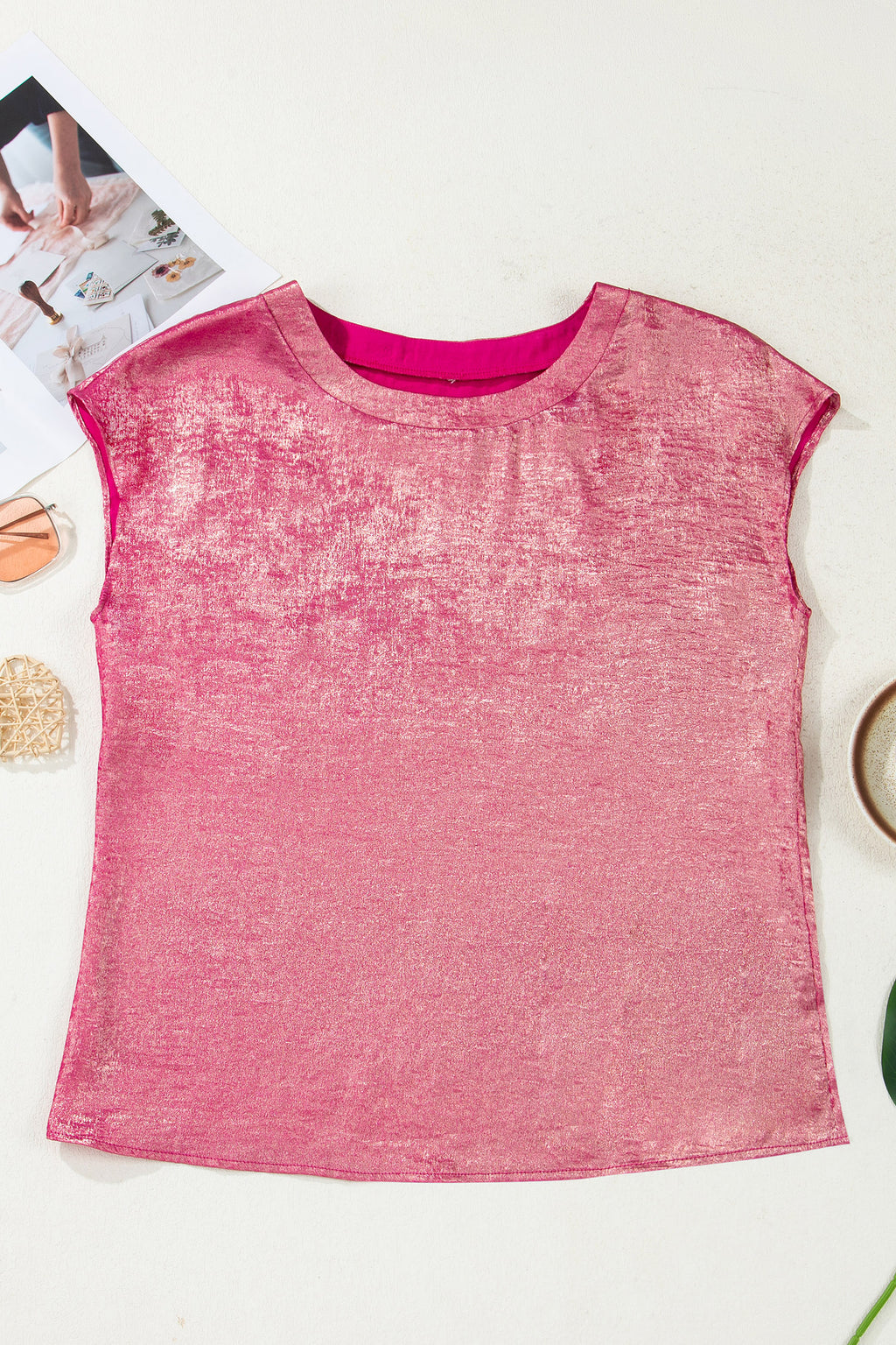 Apricot Metallic Round Neck Smocked Long Sleeve Blouse