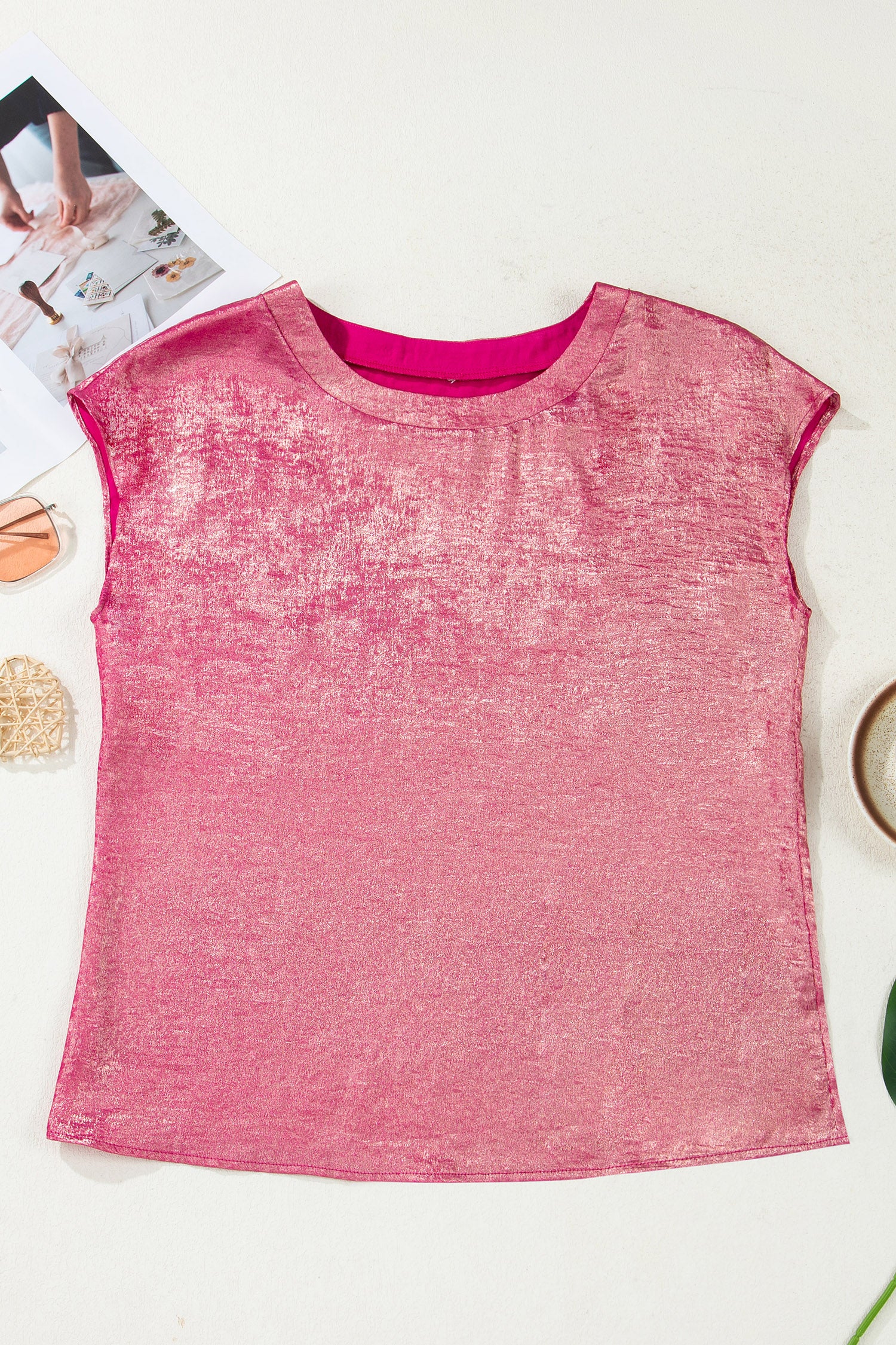 Apricot Metallic Round Neck Smocked Long Sleeve Blouse