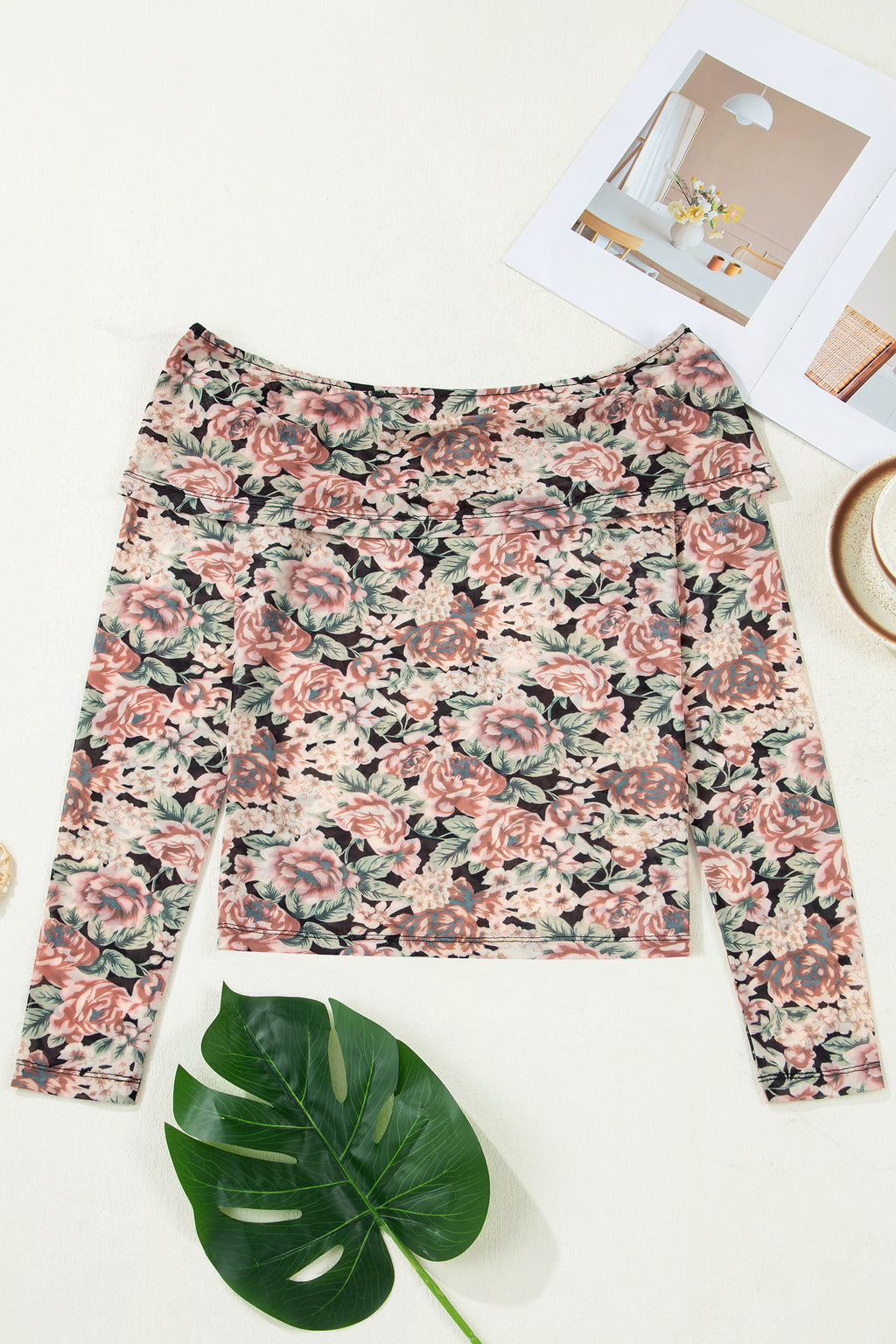 White Retro Floral Print Mock Neck Mesh Long Sleeve Top