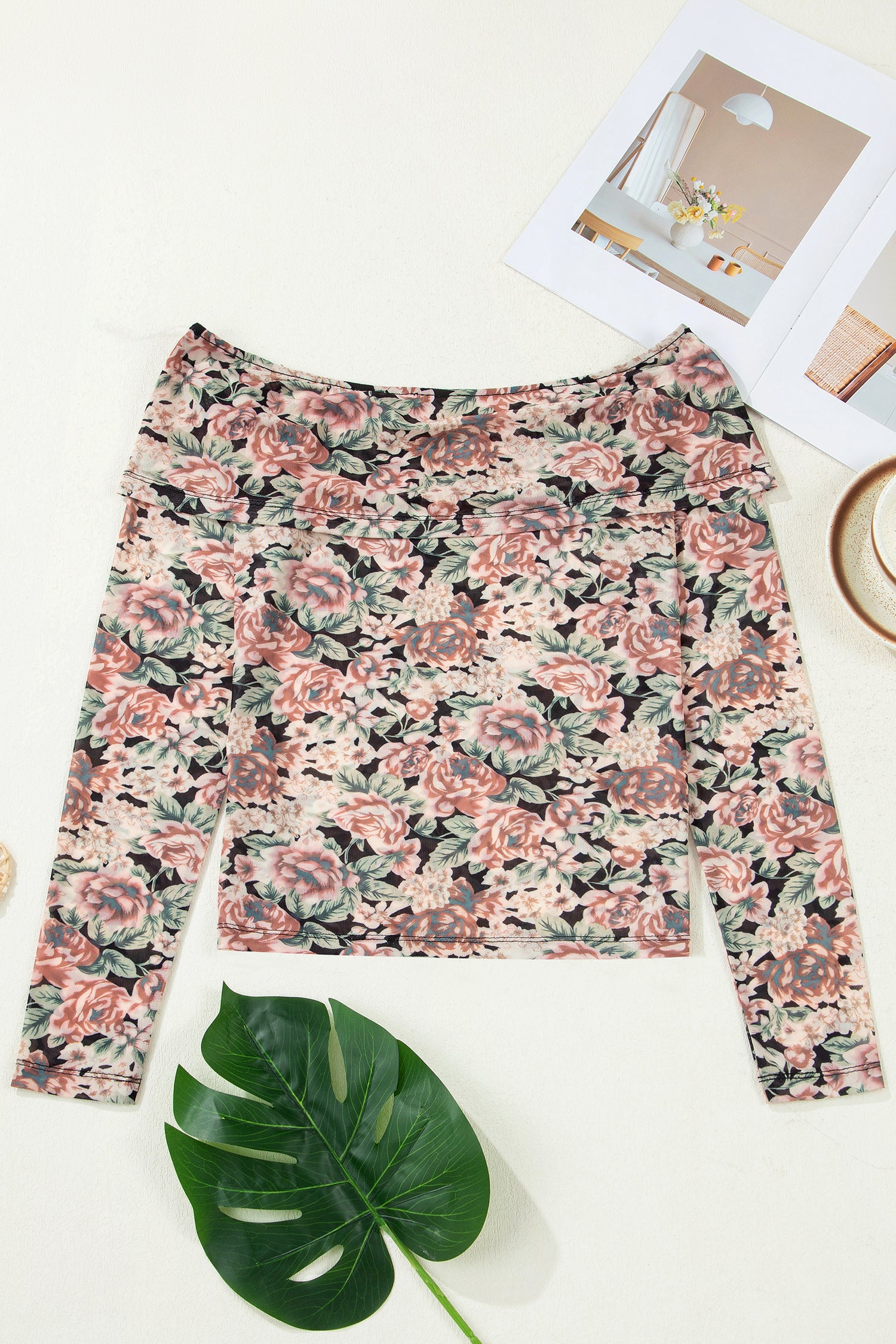 White Retro Floral Print Mock Neck Mesh Long Sleeve Top