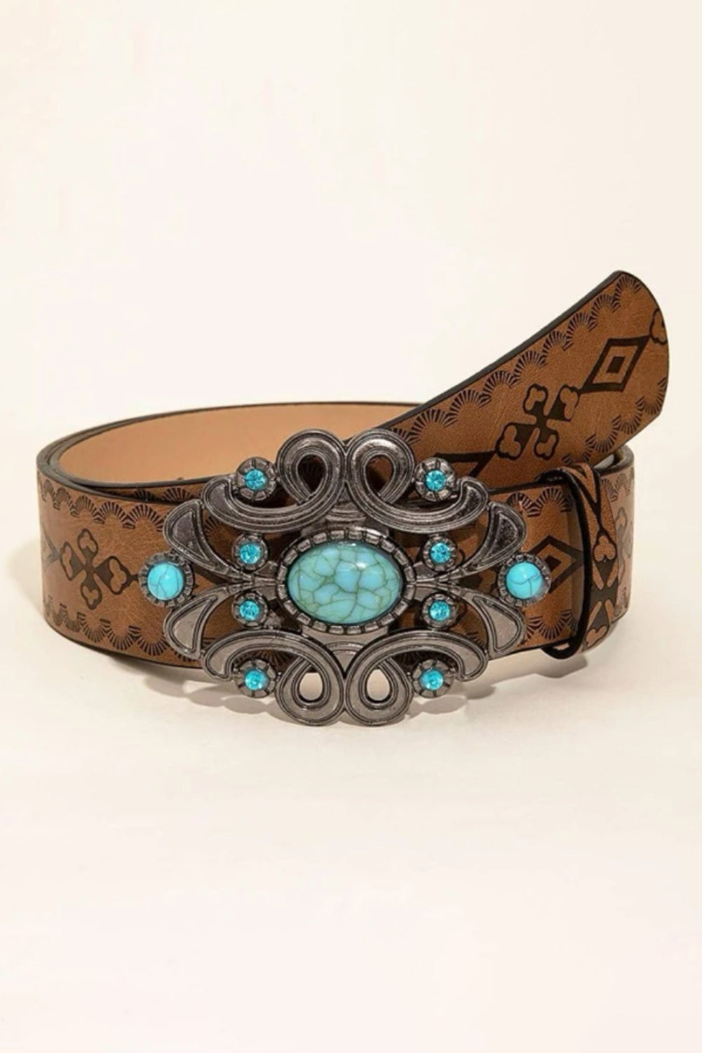 Chestnut Western Floral PU Leather Turquoise Metal Hardware Waist Belt