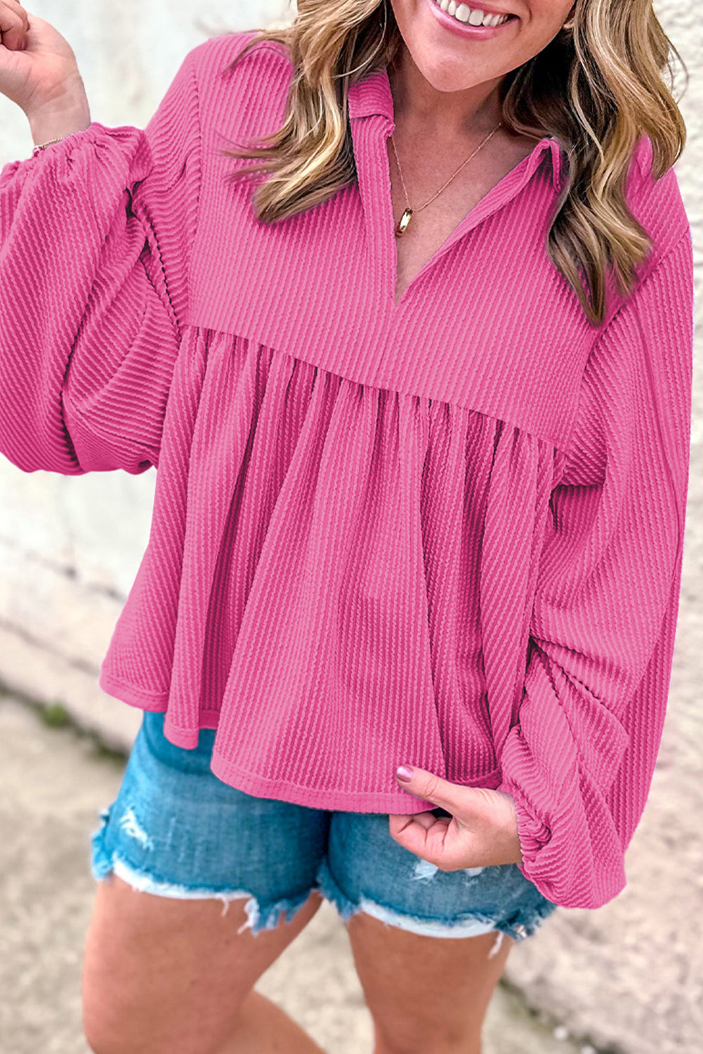 Turquoise Cordrd Balloon Sleeve Collar Plus Babydoll Top