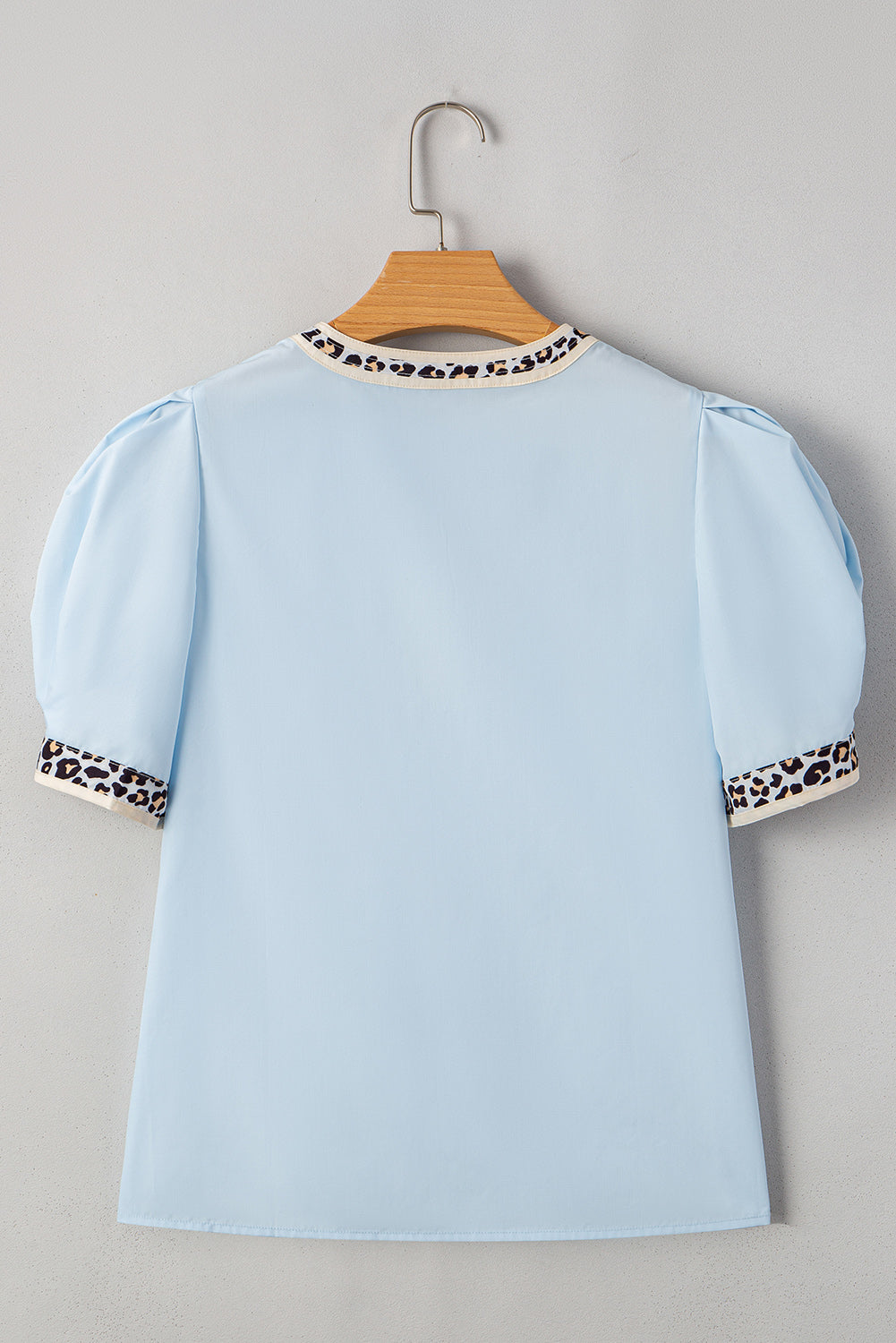 Buckskin Contrast Leopard Trim Split Neck Puff Sleeve Blouse