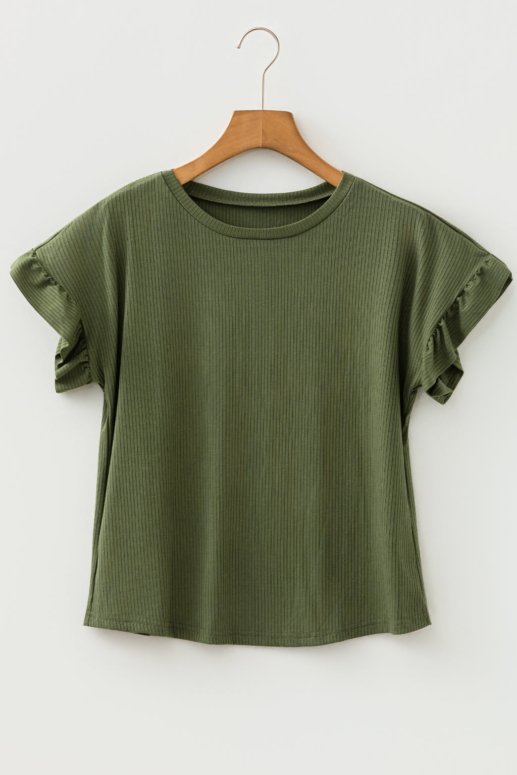 Blackish Green Solid Color Ribbed Ruffled Short Sleeve T Shirt
