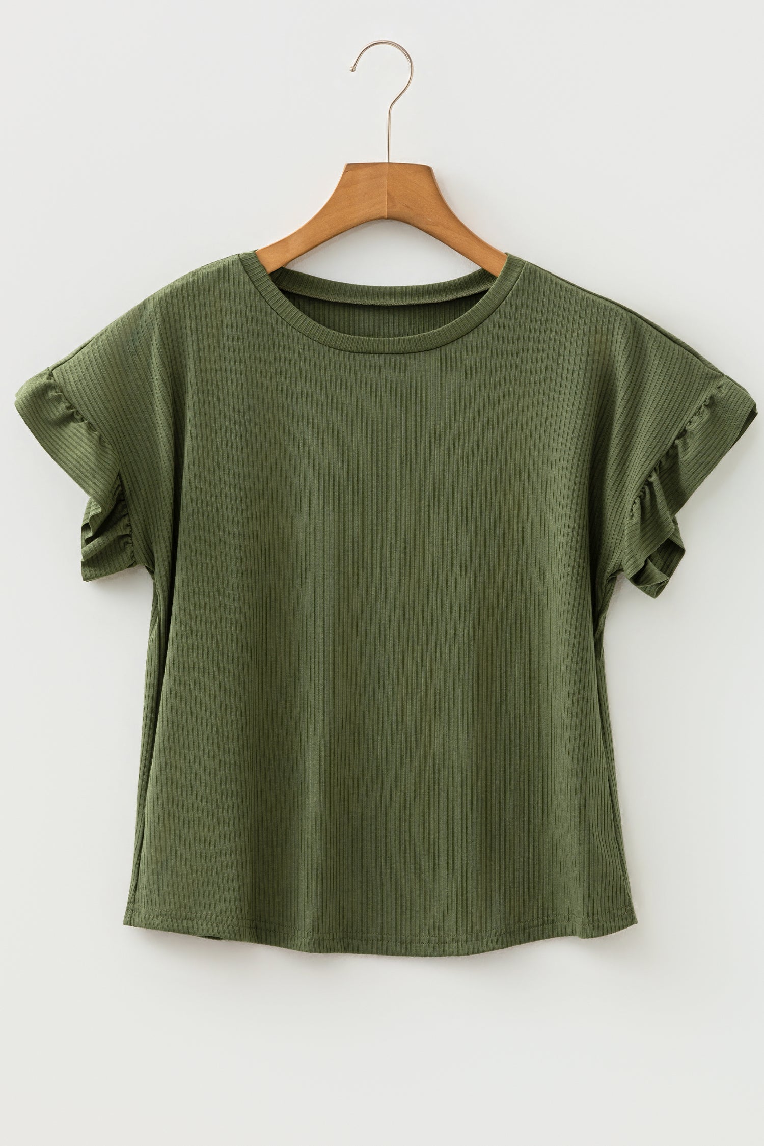 Blackish Green Solid Color Ribbed Ruffled Short Sleeve T Shirt