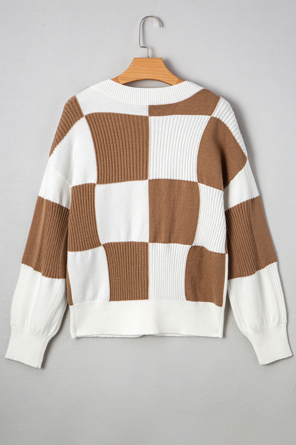 Khaki Checkered Ribbed Texture Knit Plus Size Cardigan Sweater