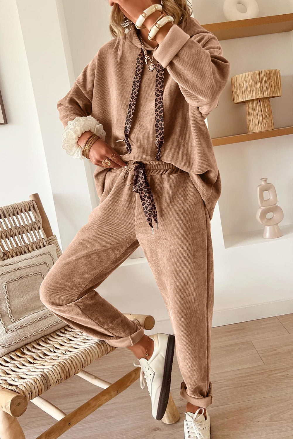 Gray Morn Corduroy Leopard Drawstring High Waist Trousers