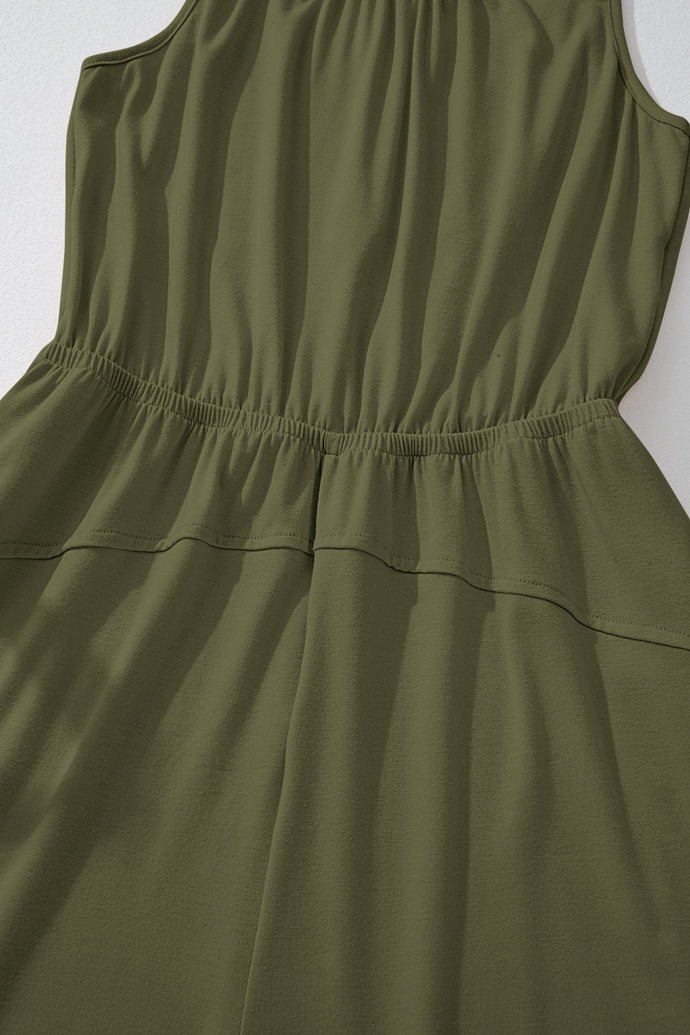 Four Leaf Clover Solid Color Pleated Detail Elastic Waist Sleeveless Jumpsuit