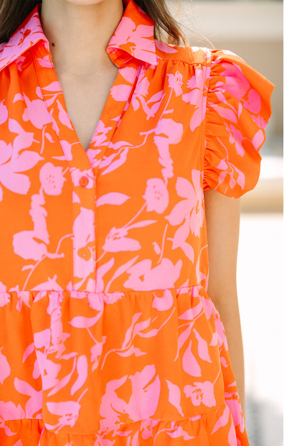Orange Floral Print Collared Button Neckline Flutter Sleeve Blouse