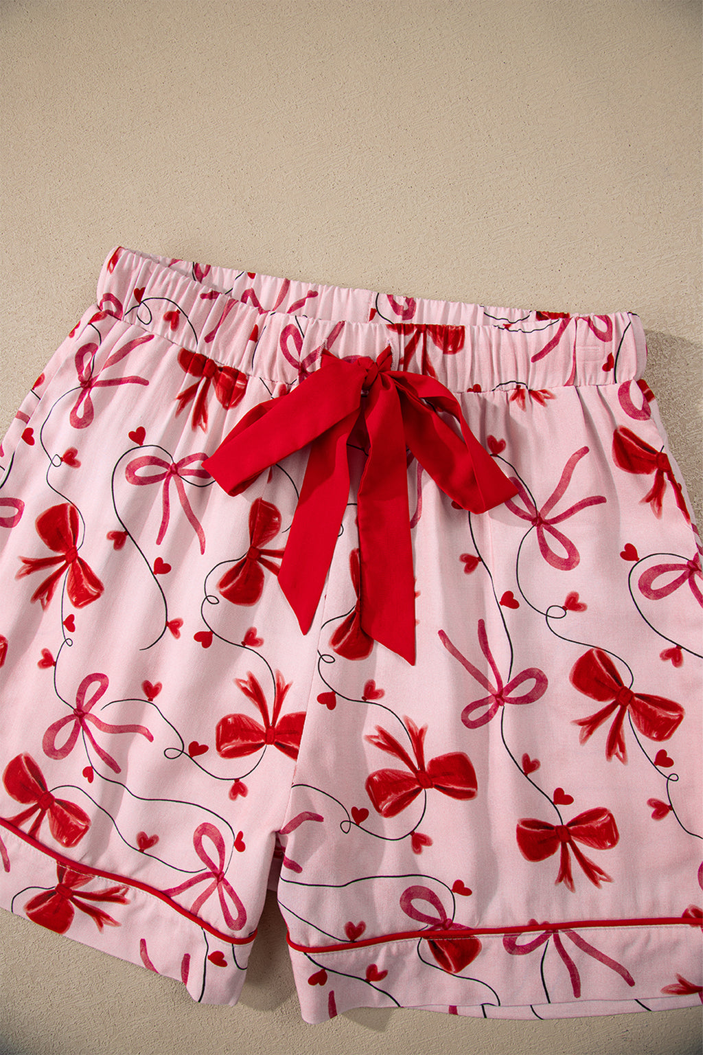 Red Bow Print Valentine Long Sleeve Shirt Shorts 2 Pcs Pajama Set