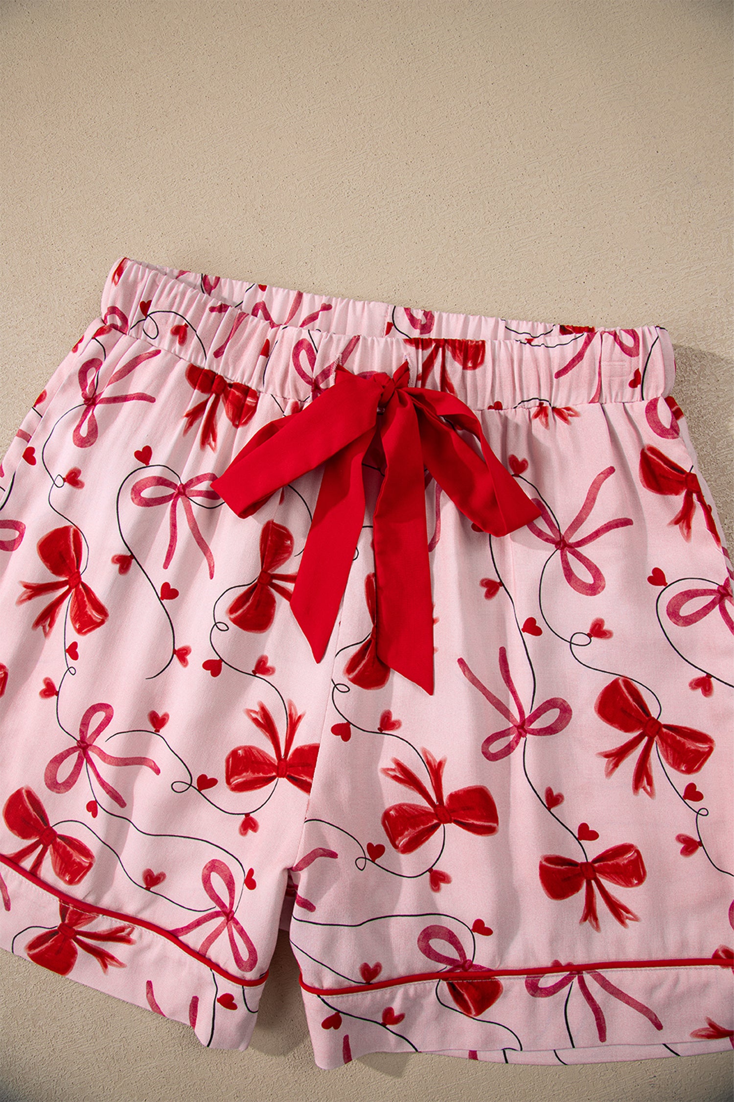 Red Bow Print Valentine Long Sleeve Shirt Shorts 2 Pcs Pajama Set