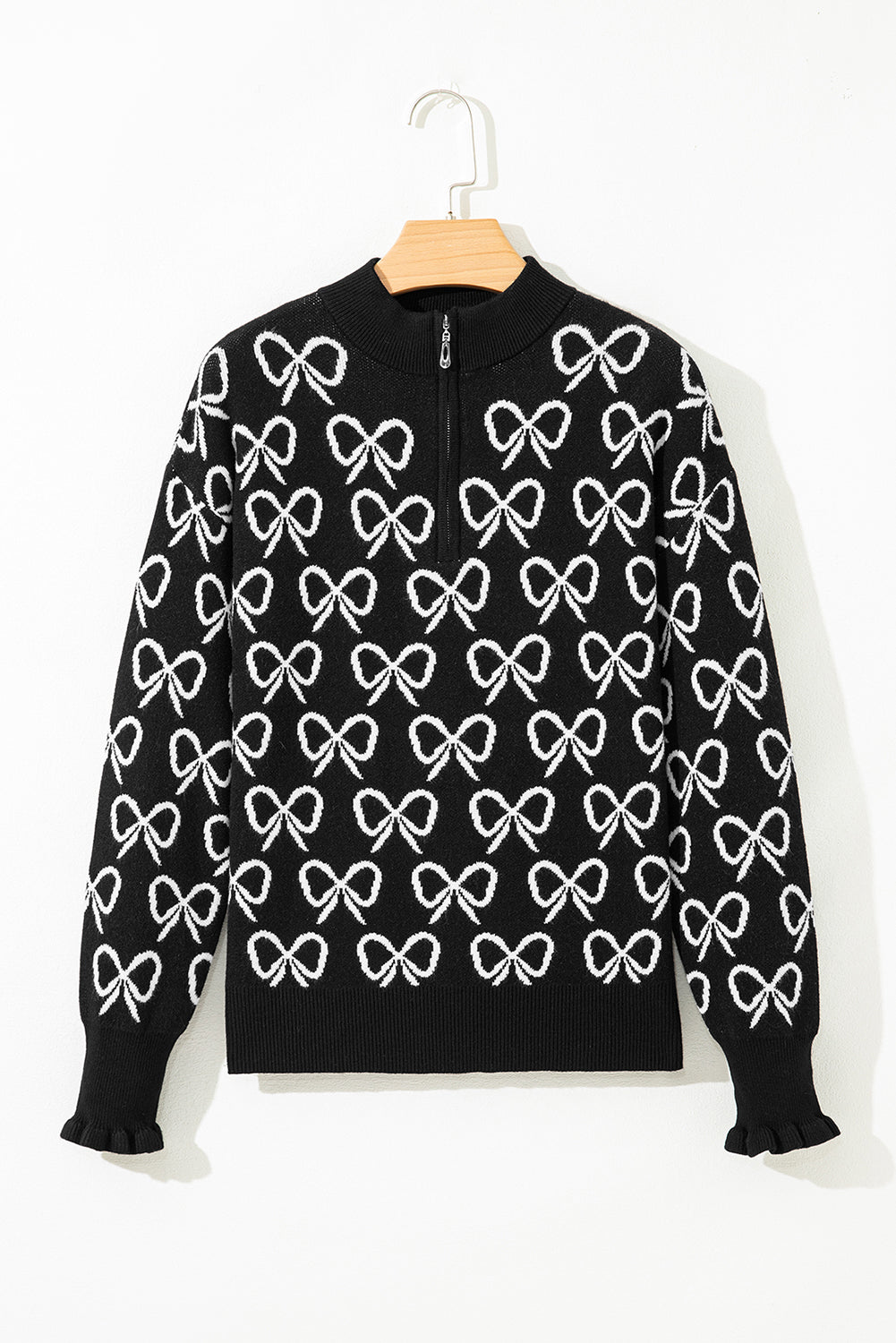 Black Cute Bow Pattern Drop Shoulder Zipped Collar Sweater