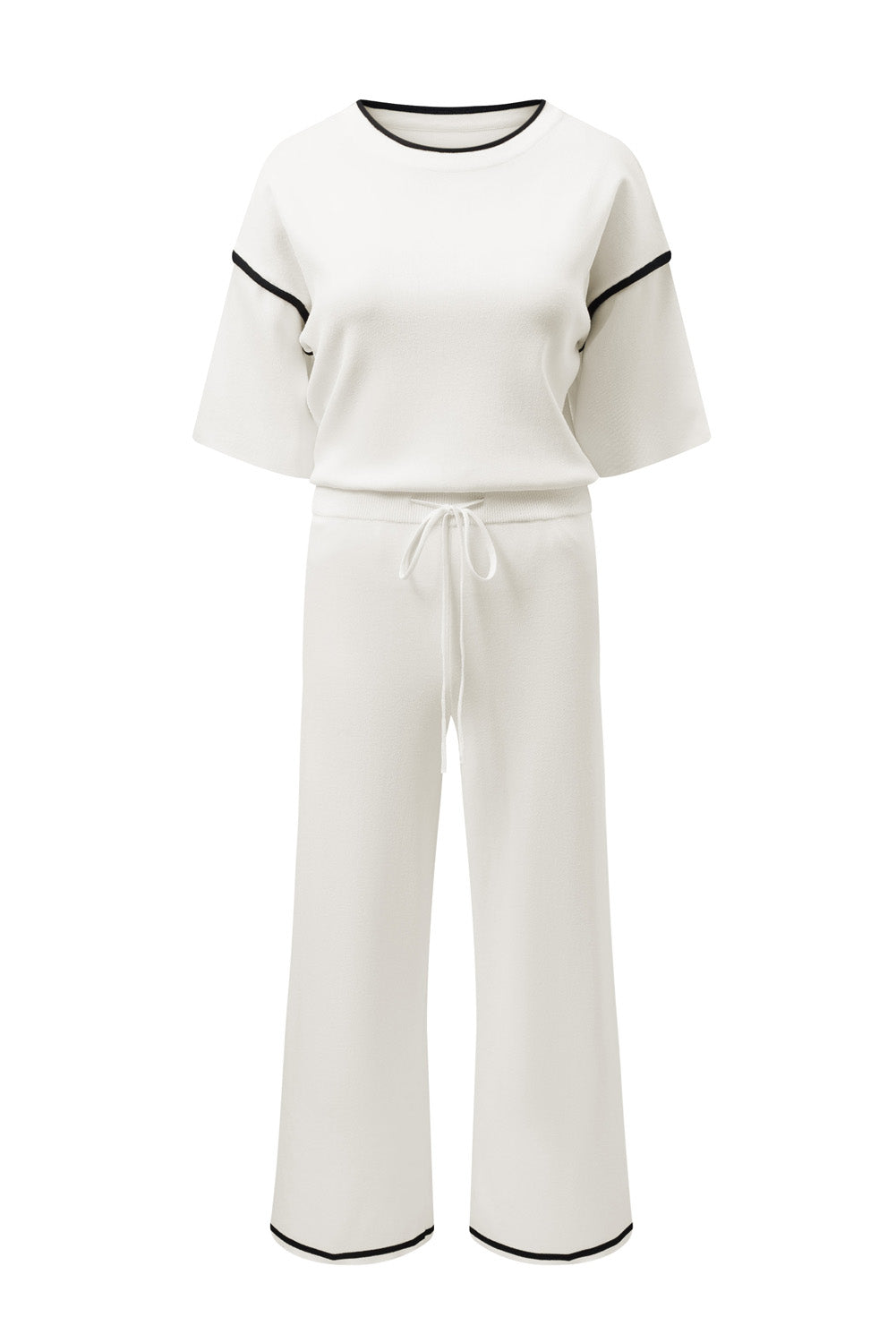 Blackish Green Contrast Trim Half Sleeve Top Drawstring Pants Loose 2pcs Sweater Suit