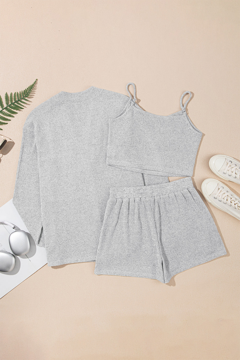 Black 3 Pcs Crop Tank Top Shorts with Cardigan Lounge Set