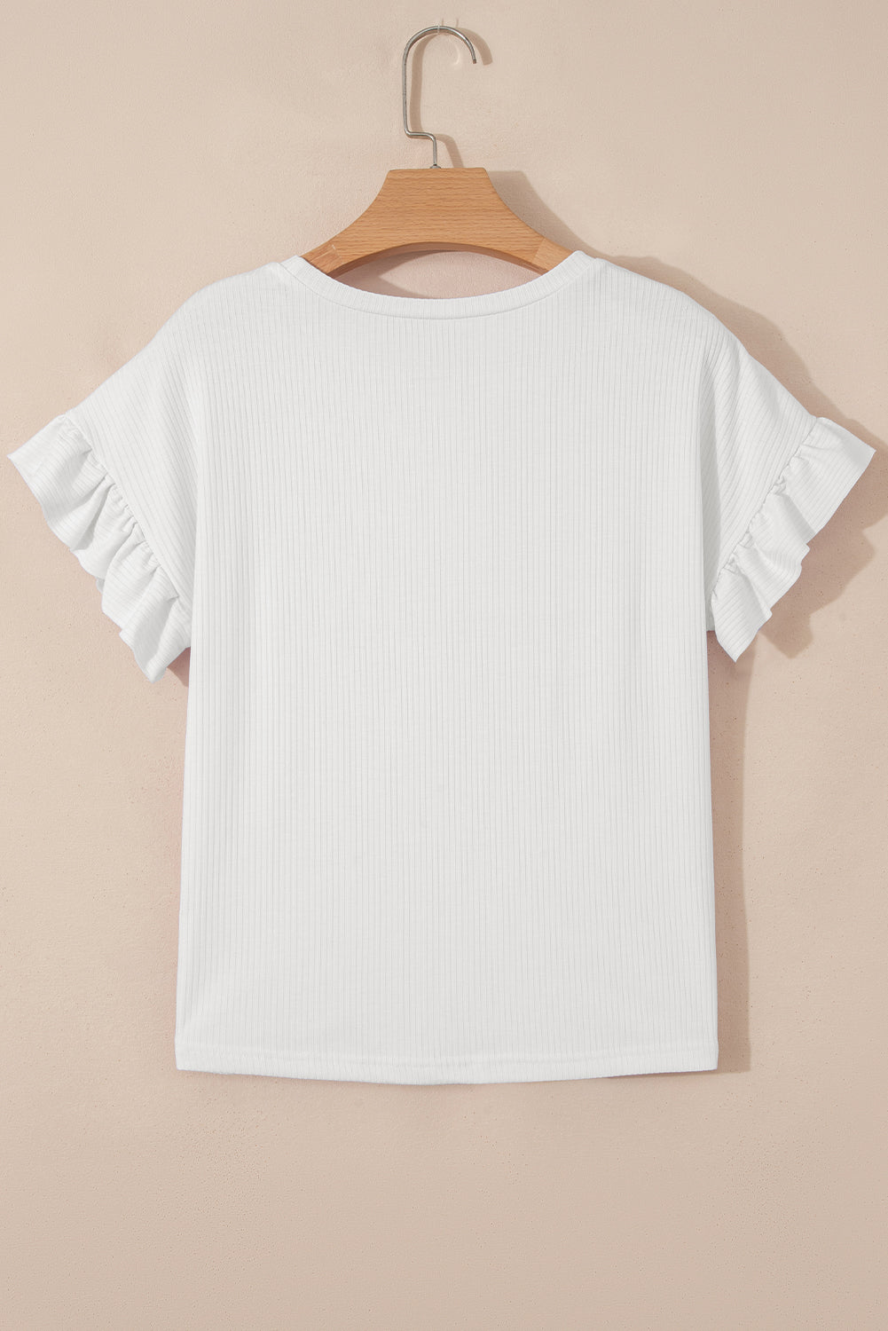 Blackish Green Solid Color Ribbed Ruffled Short Sleeve T Shirt