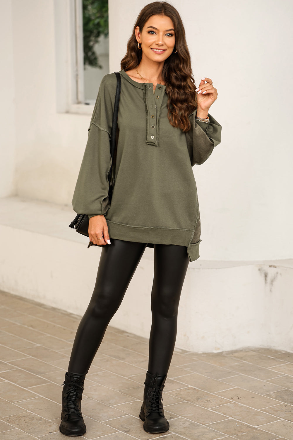 Green Oversized Exposed Seam Henley Sweatshirt