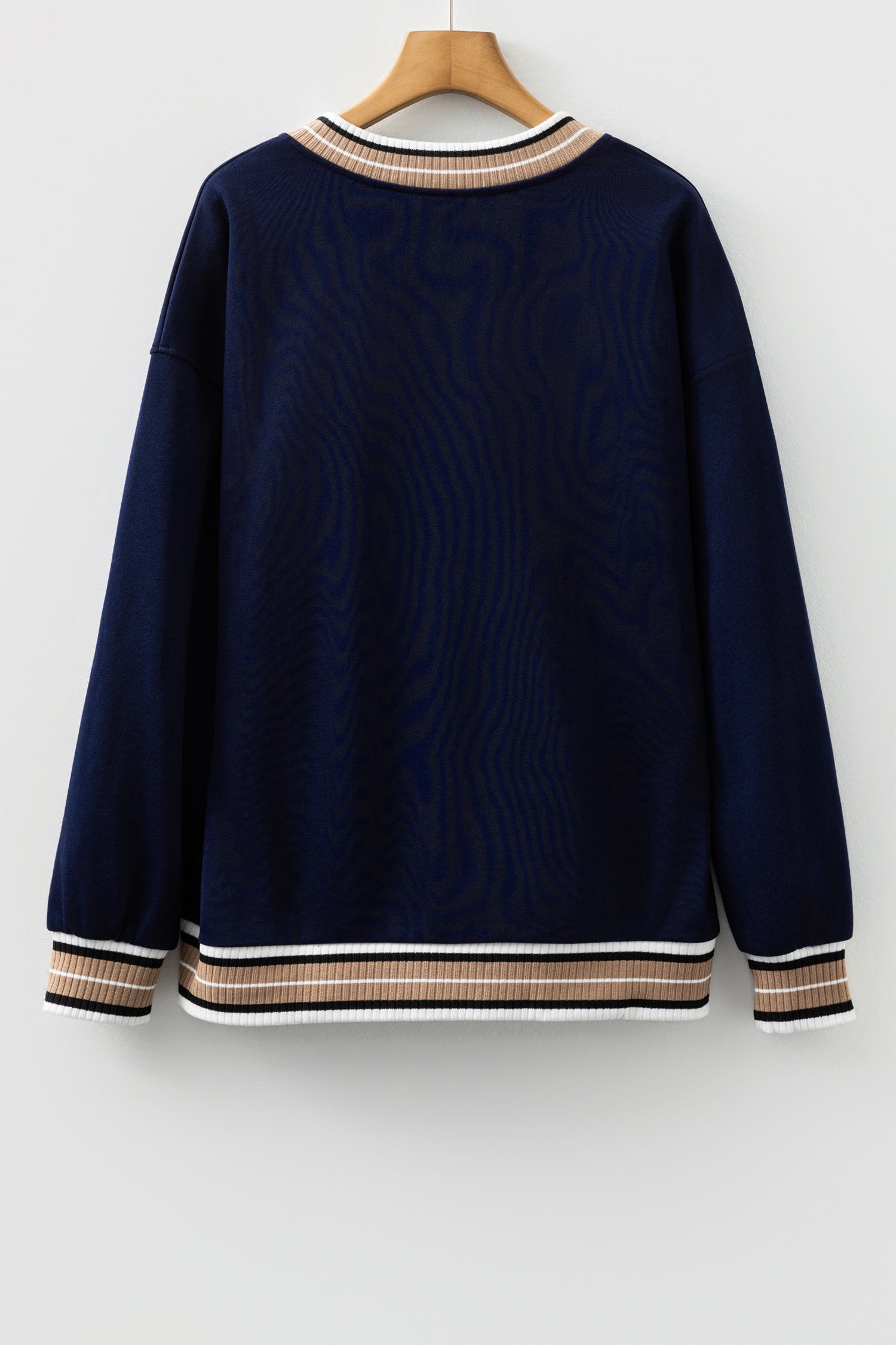 Gray Varsity Contrast Striped Trim V Neck Sweatshirt