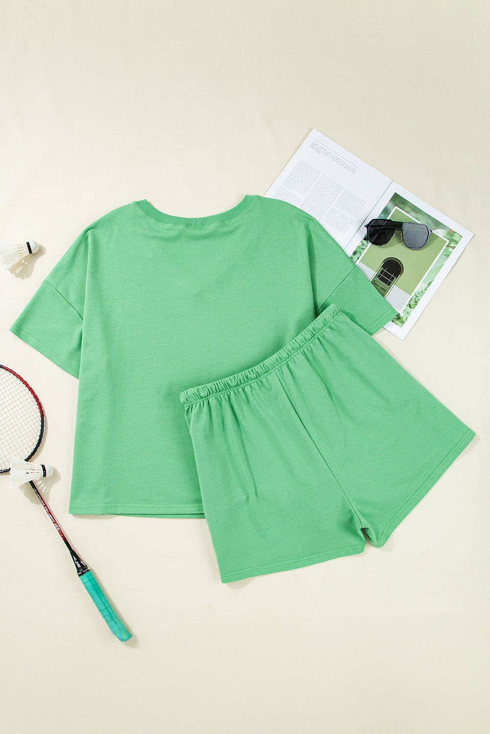 Mint Green V Neck Drop Shoulder Tee and Patchwork Drawstring Elastic Waistband Shorts Set