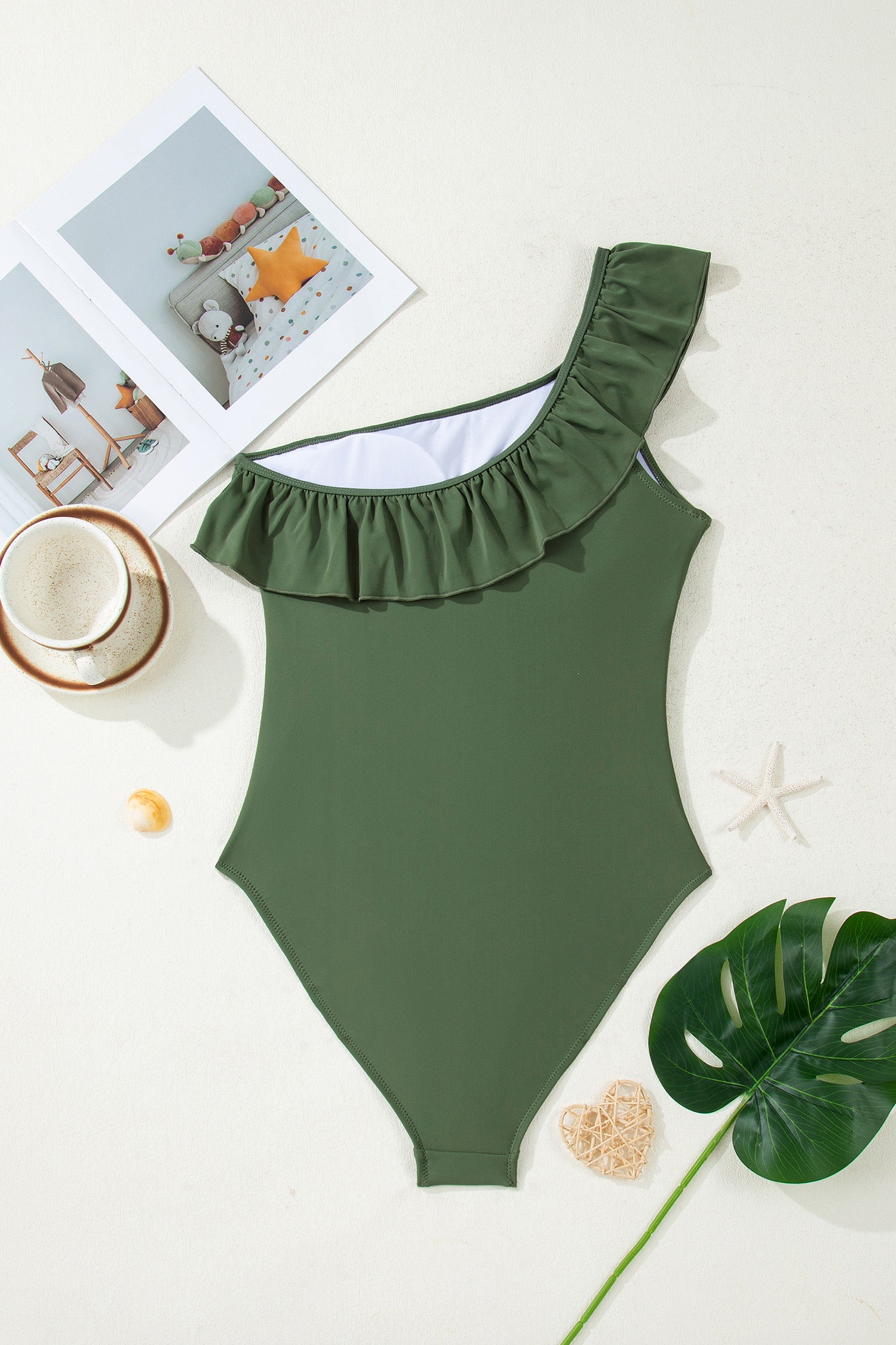 Skobeloff Solid Color Ruffle Trim Asymmetric Neck One Piece Swimsuit