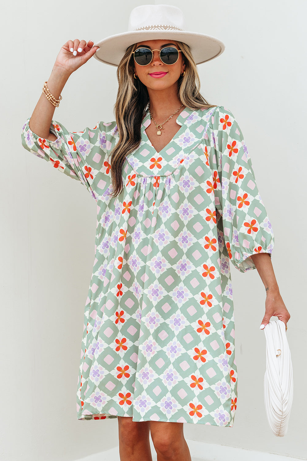 Green Geometric Floral Print Layered Flutter Sleeve V Neck Ric Rac Trim Blouse