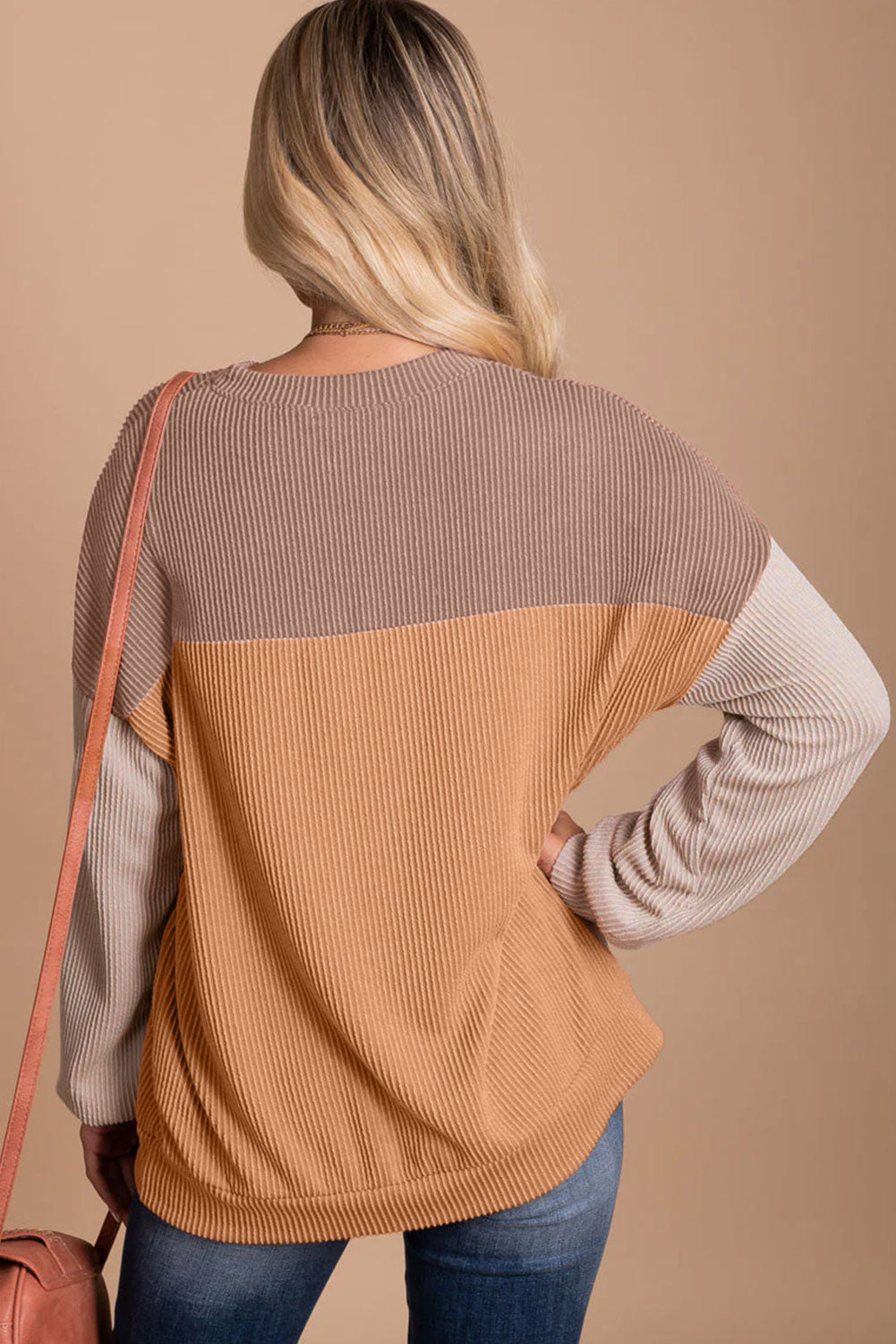 Pale Chestnut Color Block Corded Long Sleeve Top