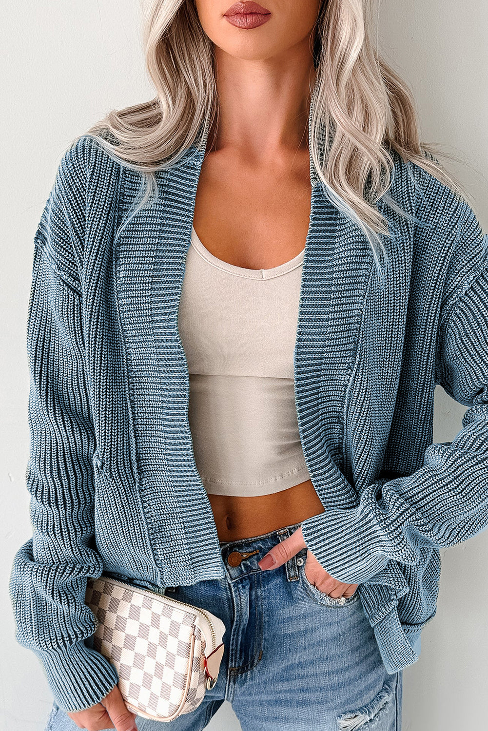 Dark Brown Mineral Wash Exposed Seam Patchwork Knit Open Sweater Cardigan