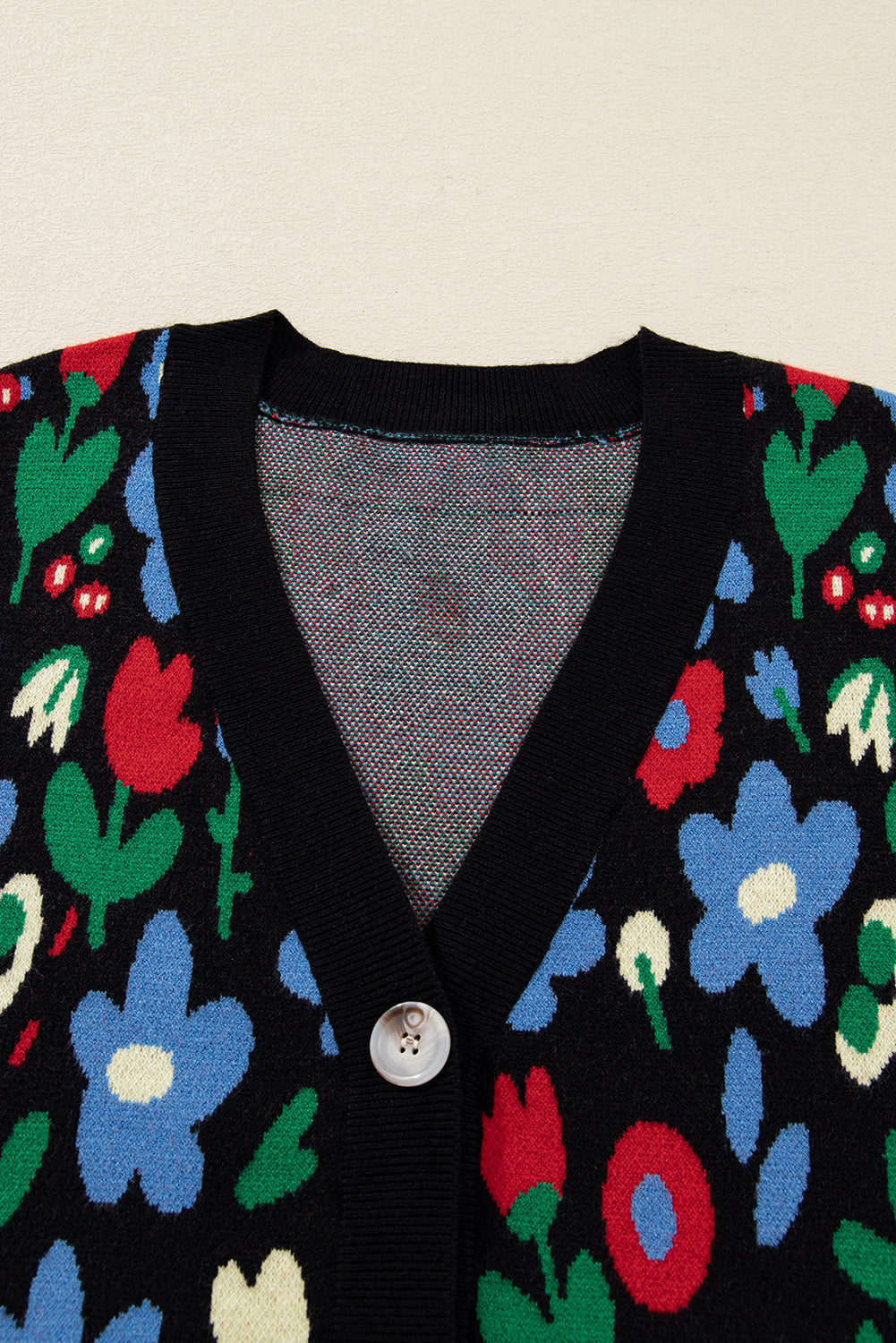 Black Floral Print V Neck Buttoned Short Cardigan Sweater