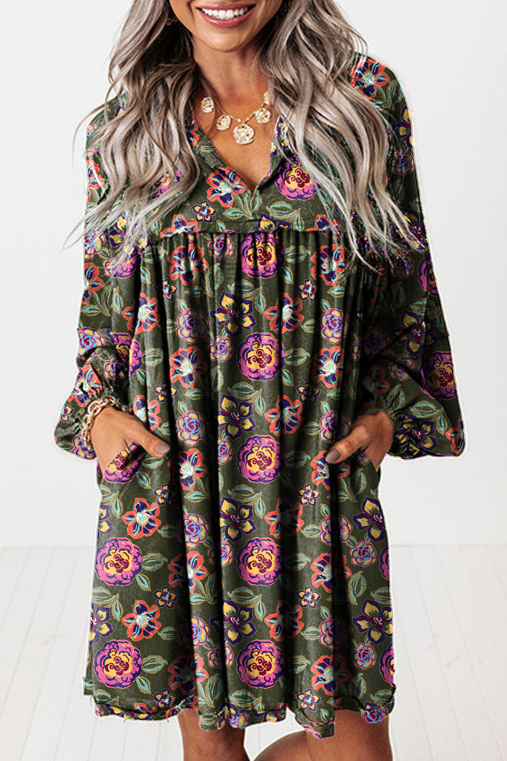 Green Plus Size Floral Print Collared V Neck Loose Mini Dress