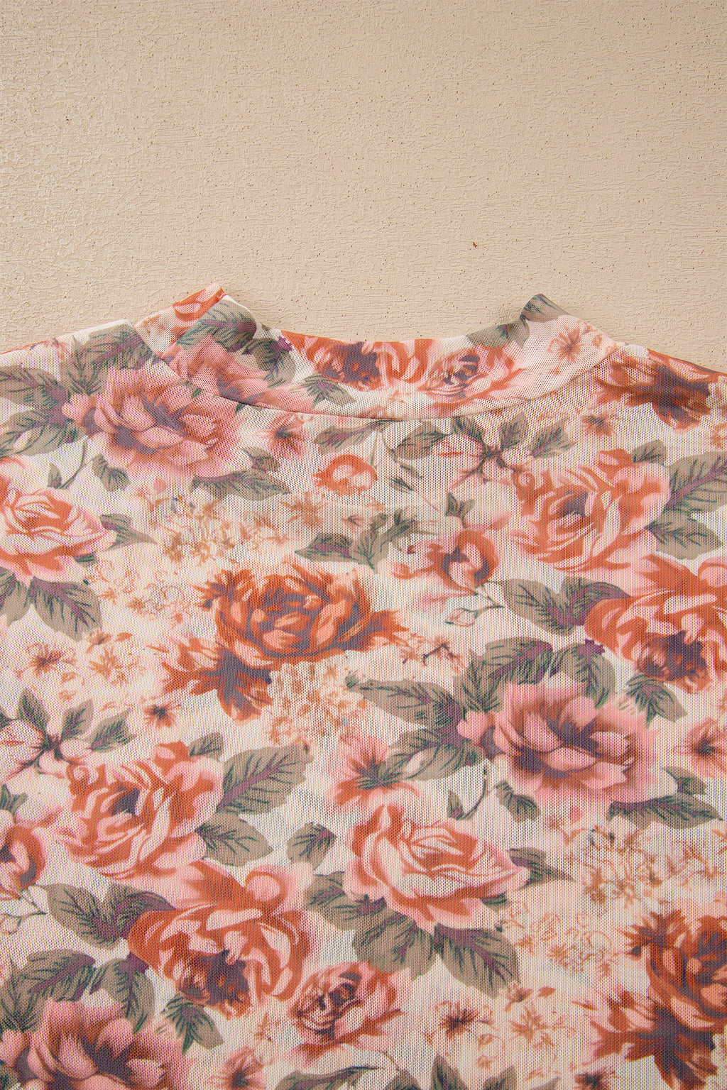 White Retro Floral Print Mock Neck Mesh Long Sleeve Top