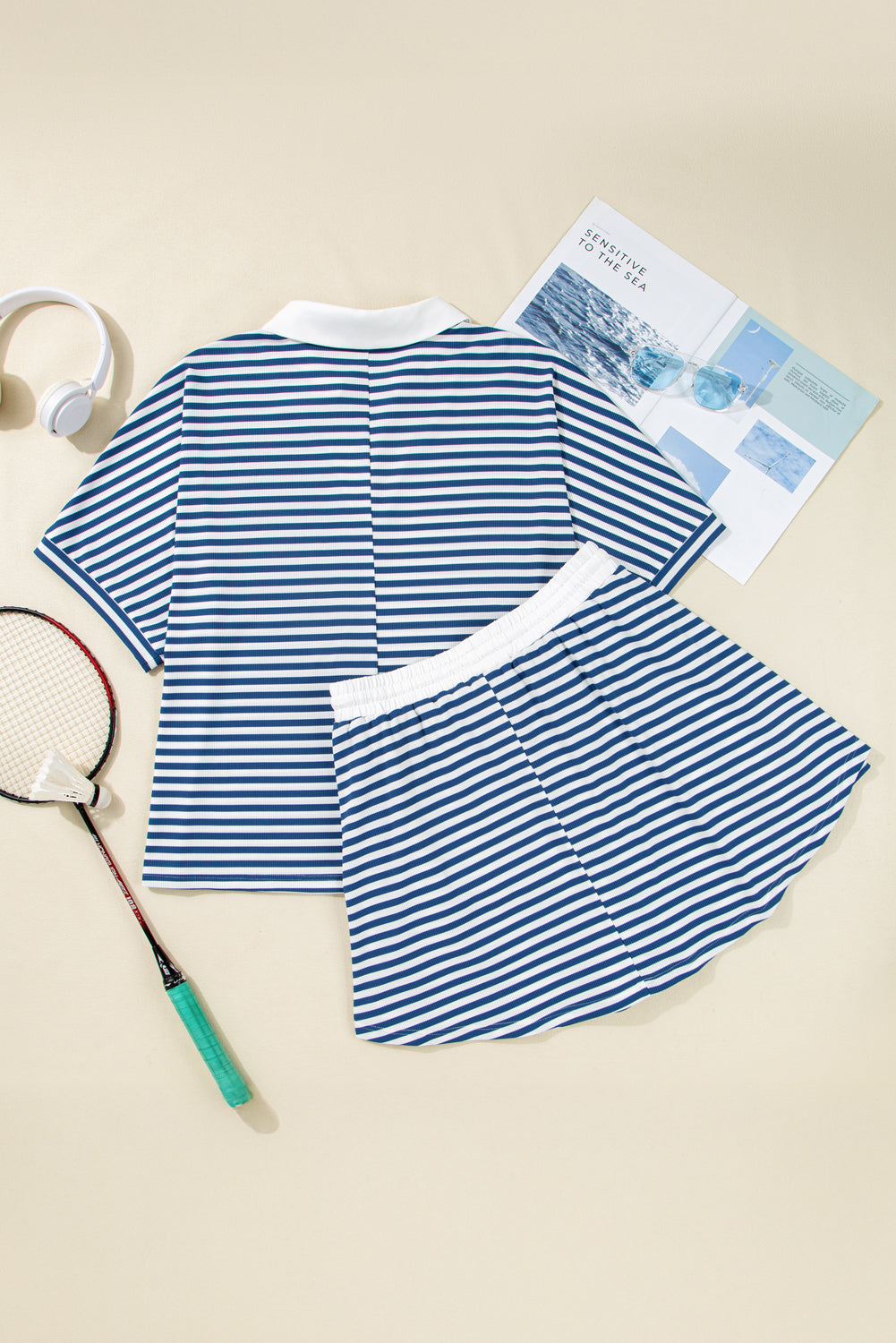 Blue Stripe Short Sleeve Collared V Neck Top Plus Size Short Set