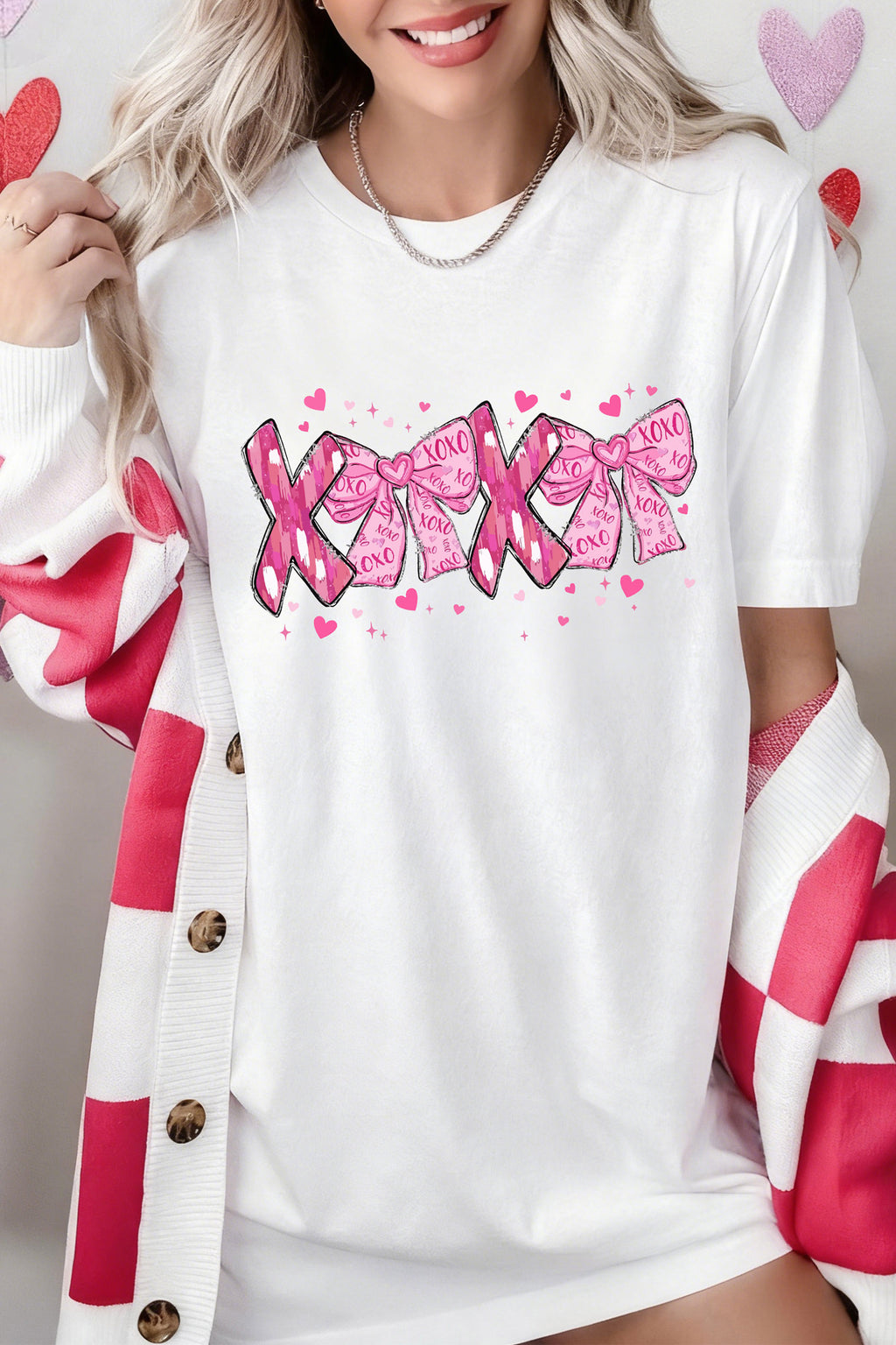 White Valentines Day XOXO Bow Printed T Shirt